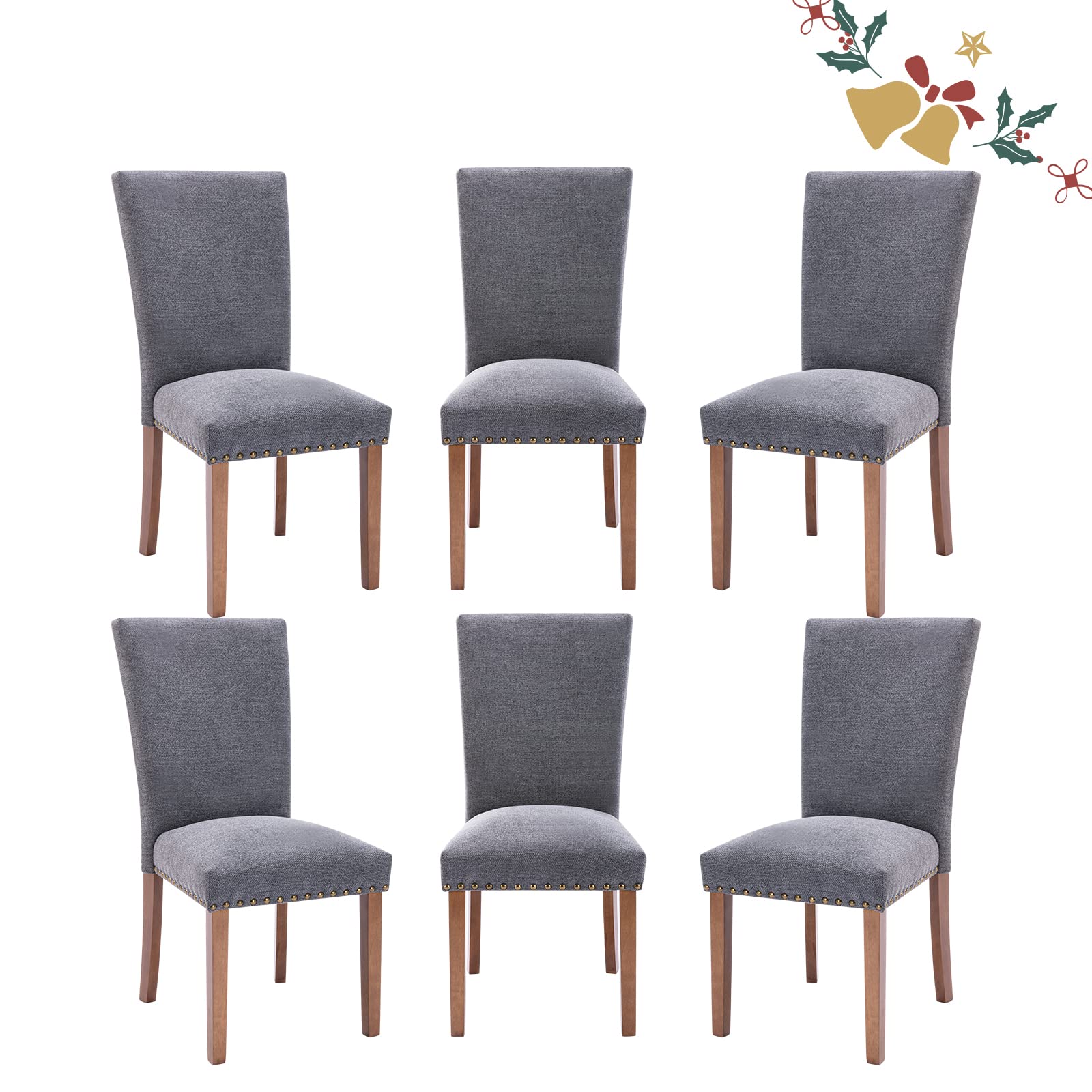 Parsons Dining Chairs Set of 6, Upholstered Nailhead Dining Room Kitchen Side Chair with Thick Cushions and Wood Legs, Dark Grey