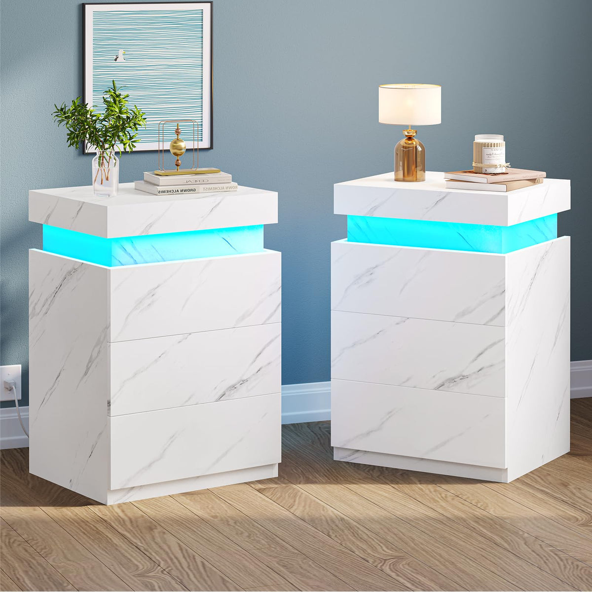Bthfst Led Nightstands Set Of 2,Night Stands For Bedroom,Nightstand With Charging Station And Sliding Top,Bedside Table With Dra