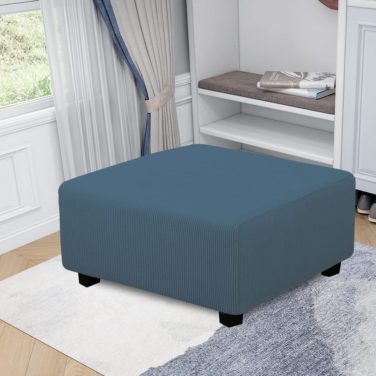 Easy-Going Stretch Square Ottoman Cover 40X40X15 Inch Folding Storage Stool Furniture Protector Soft Rectangle Slipcover With Elastic Bottom Bluestone