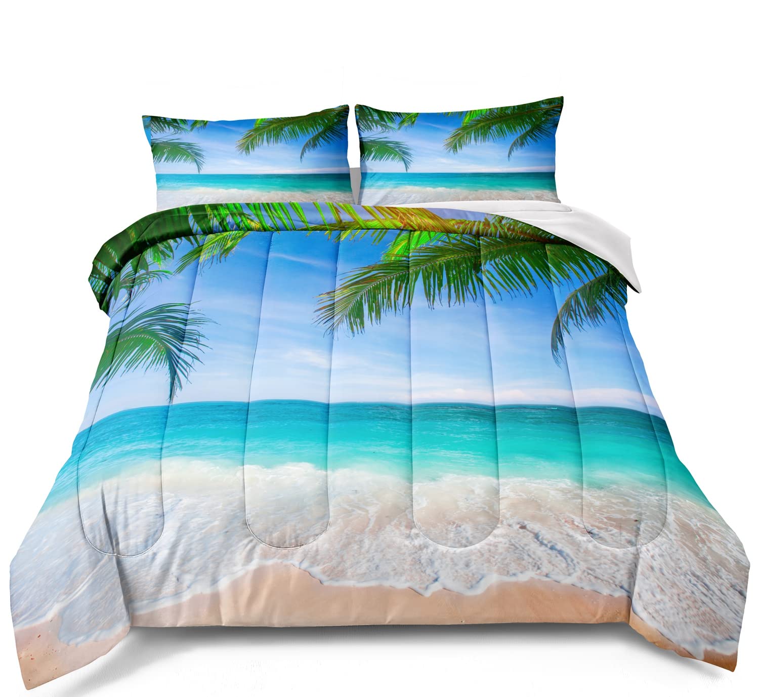 Bducok Ocean Comforter Set Twin Size Beach Bedding Set Tropical Palm Tree Hawaii Ocean Comforter Set Sunny Beach Coastal Nature 