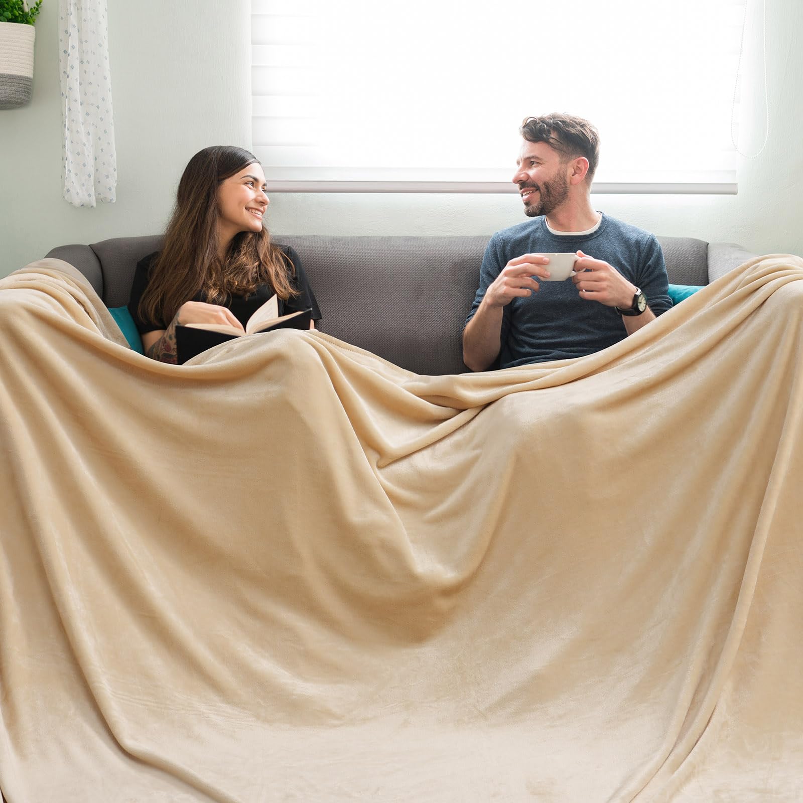 Phf Oversized King Fleece Blanket 120'X120', No Shed No Pilling Big Soft Blanket, Extra Large 10'X 10' Lightweight Blanket For Bed, Sofa Travel And Camping, Suitable For All Season, Beige