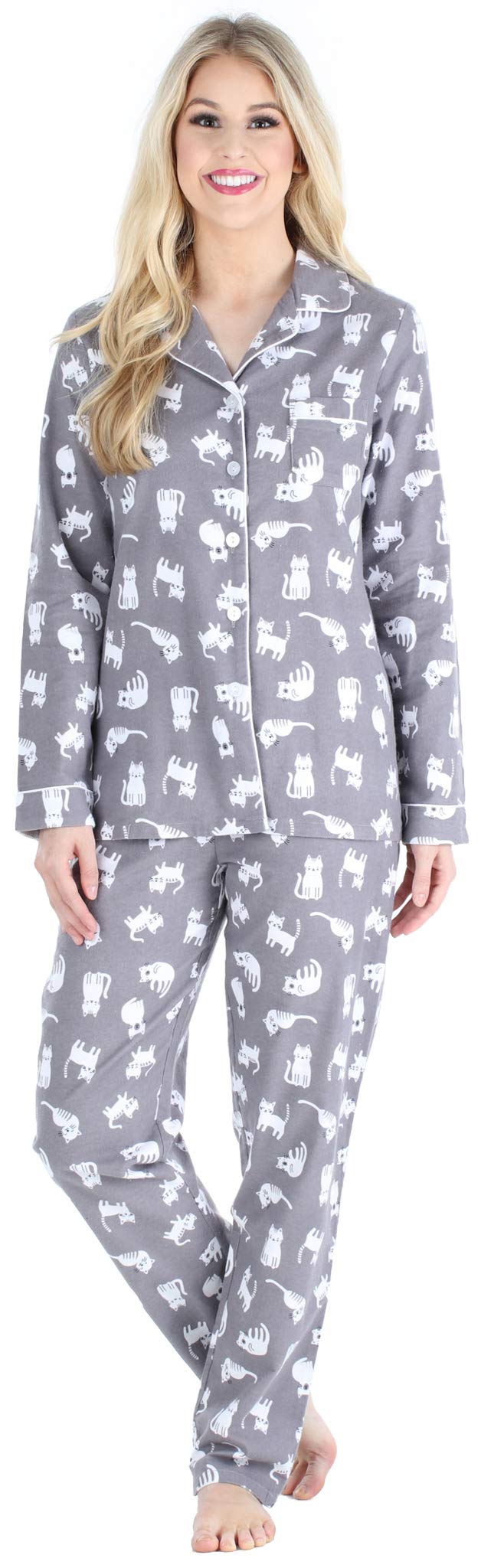 Pajamamania Womens Cotton Flannel Long Sleeve Button-Down Pajamas Pj Set, Grey Cats, X-Small,