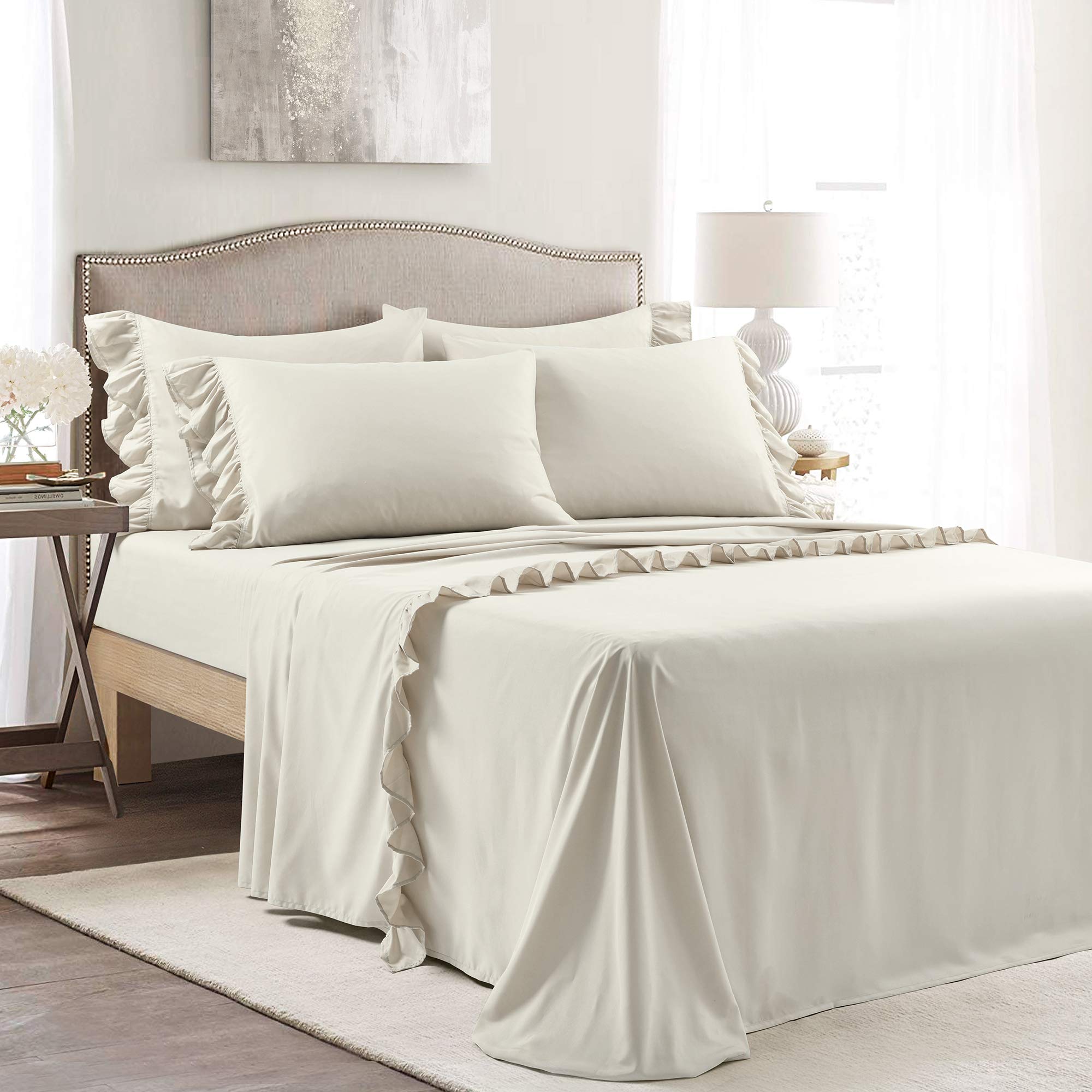 Lush Decor Reyna Ruffle Sheet Set, 6 Piece Set, Full, Wheat - Soft & Comfortable Sheets With Ruffles - Classic Elegant Bed Sheet