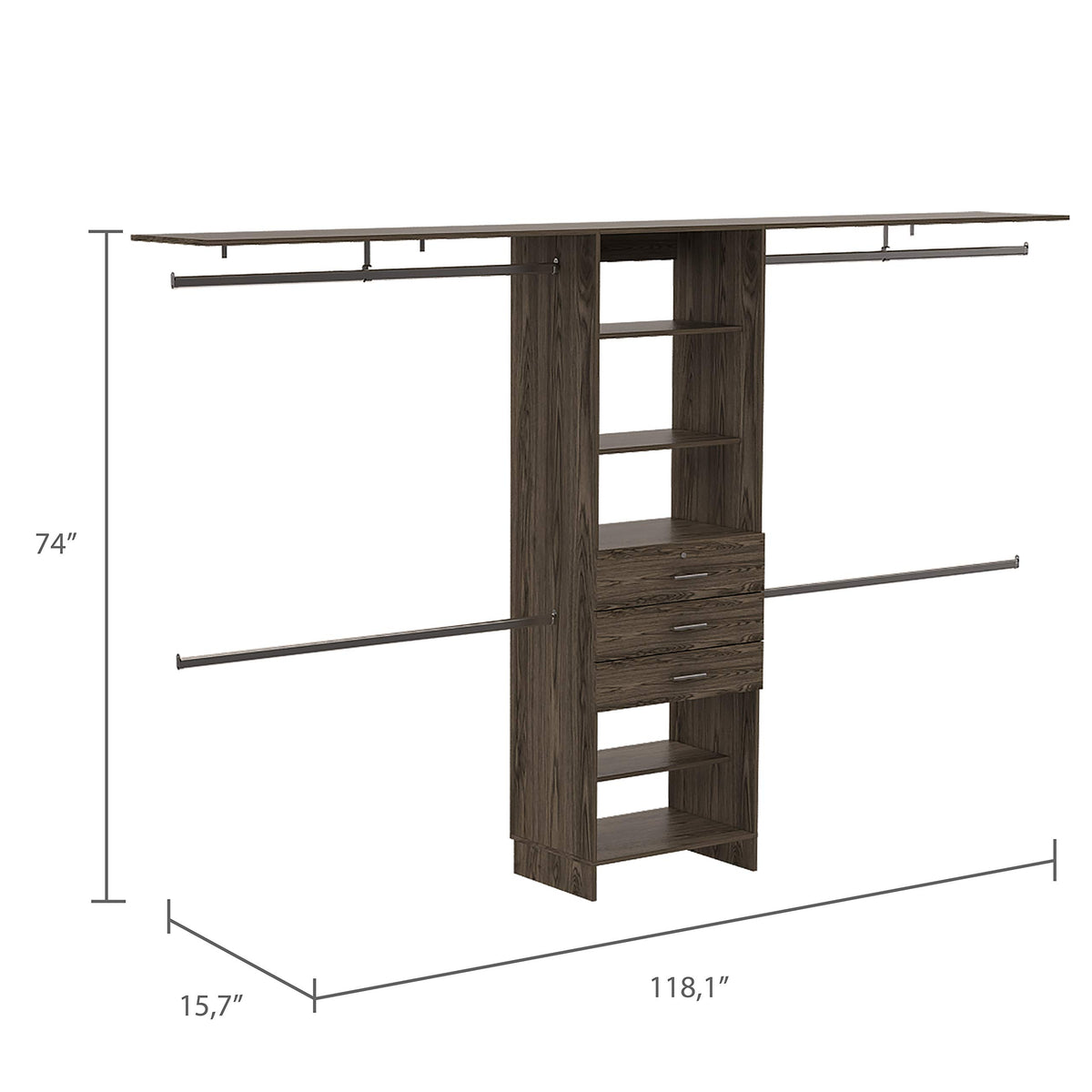 Depot E-Shop Zamora 69&Quot;W - 118&Quot;W Closet System With Four Hanging Rods, Three Drawers, And Five Shelves, Dark Walnut, Bedroom