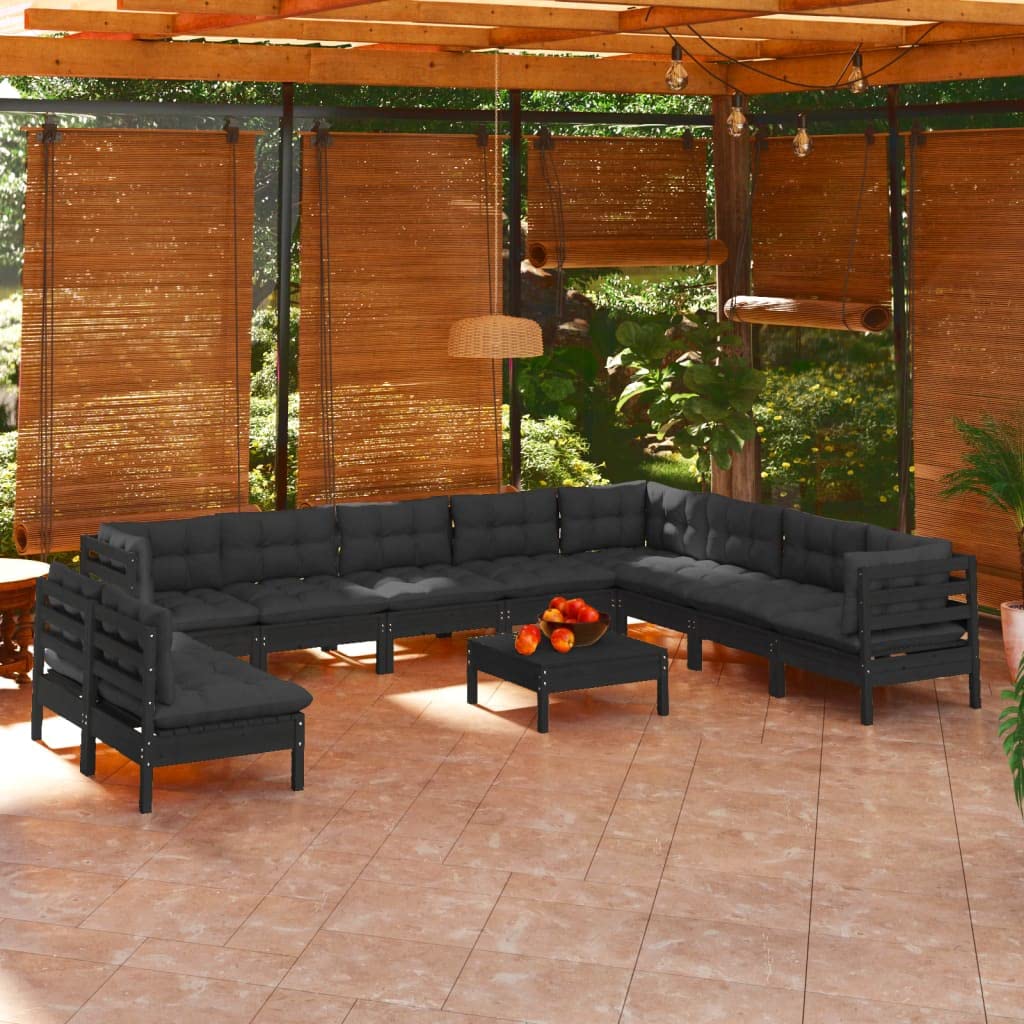 vidaXL Solid Pinewood Patio Lounge Set 11 Piece with Cushions Garden Outdoor Lawn Yard Terrace Balcony Wooden Seat Seating Furniture Black