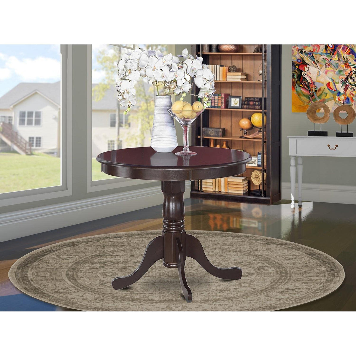 East West Furniture ANT-CAP-TP Antique Dining Room Table - a Round kitchen Table Top with Pedestal Base, 36x36 Inch, Cappuccino
