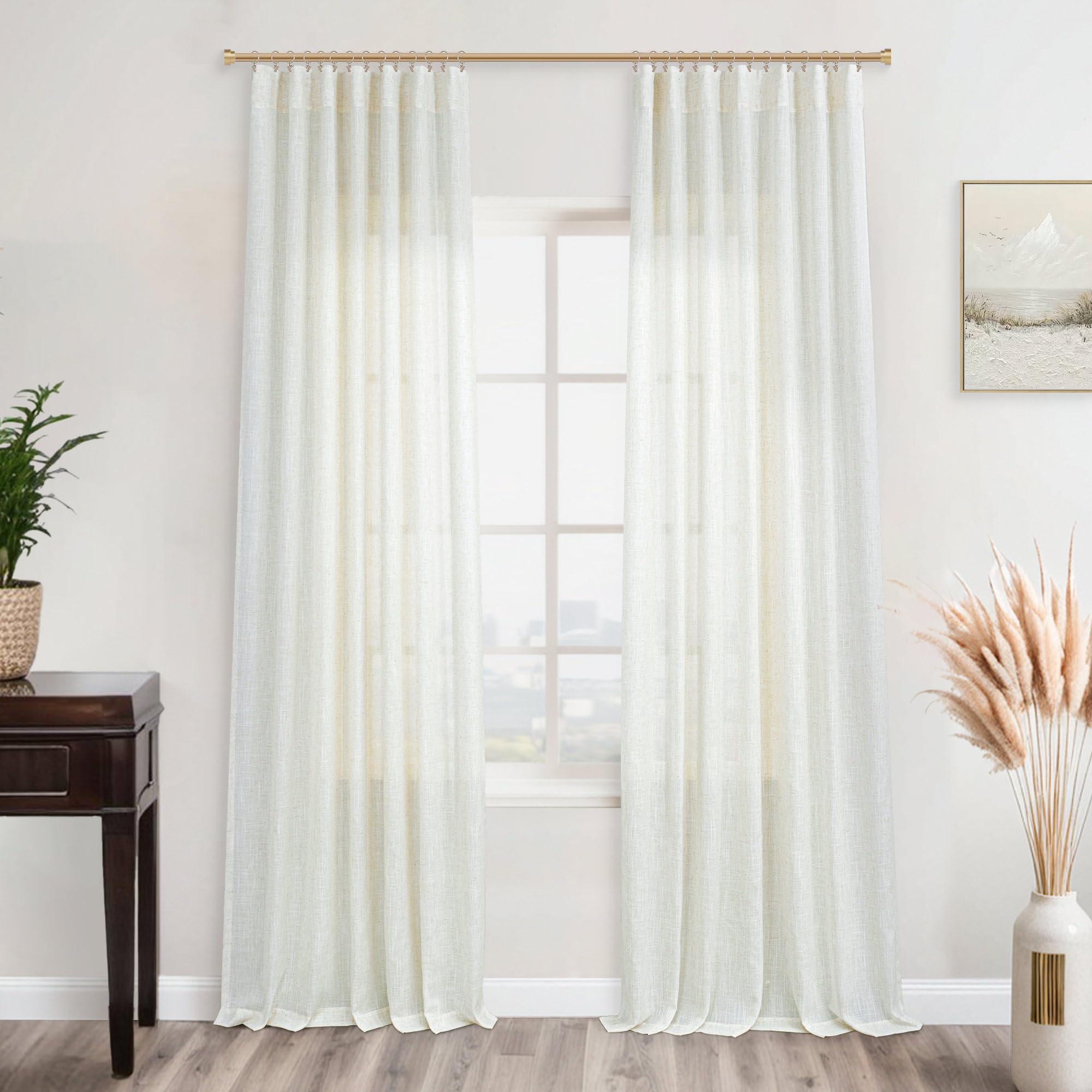 Koufall 90 Inch Curtains,Farmhouse Country Light Filtering Semi Sheer Linen Curtains 90 Inches Long 2 Panels Set For Living Room
