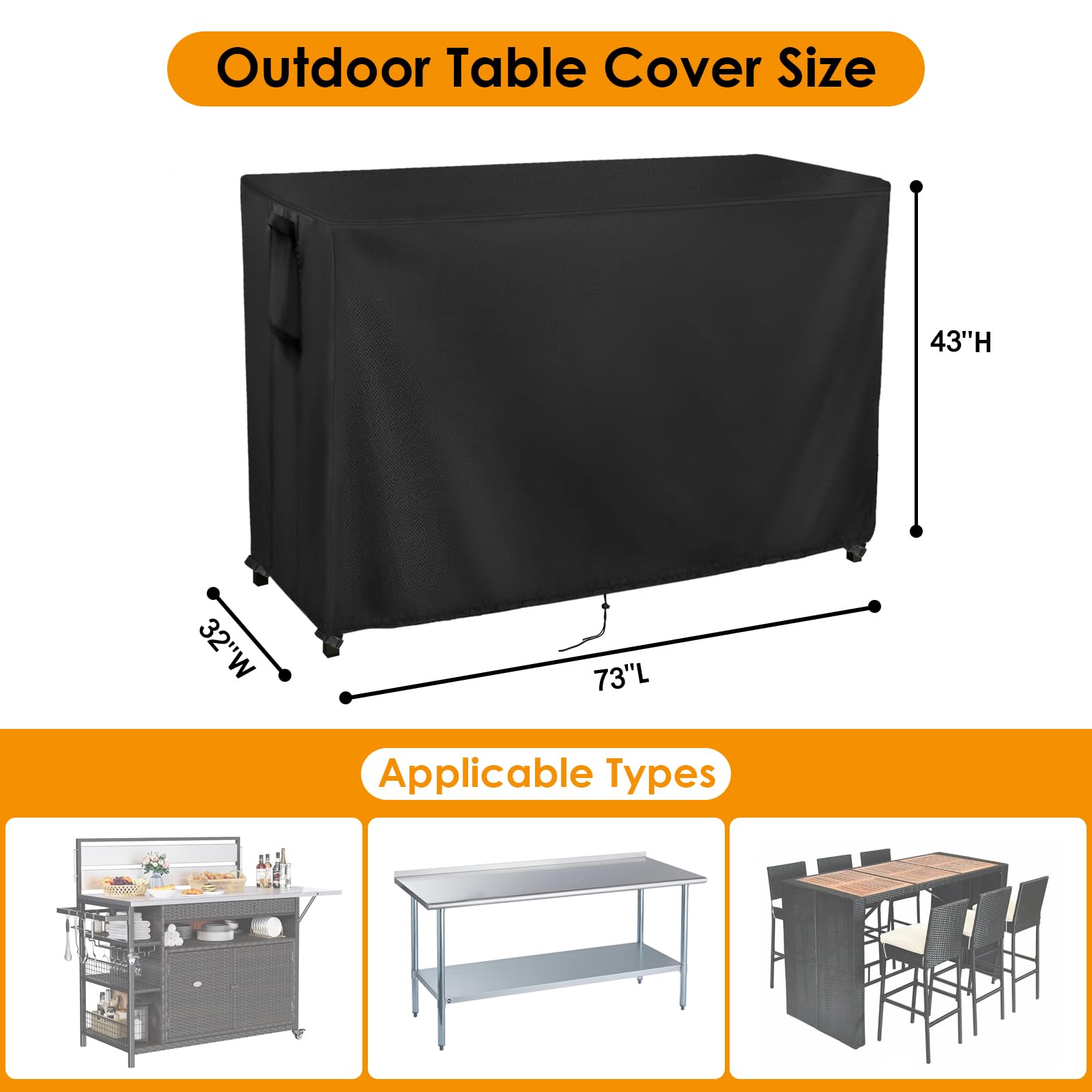 Kingling Outdoor Table Cover - 73 Inch Waterproof Bar Height Patio Cover, Black, Polyester, 73''L x 32''W x 43''H
