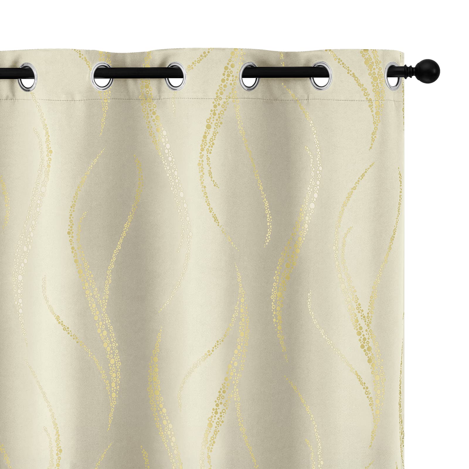 Yakamok Light Blocking Curtains 63 Inches- Gold Wave Line Dots Print Grommet Drapes, Room Darkening Curtain, Window Panels For L
