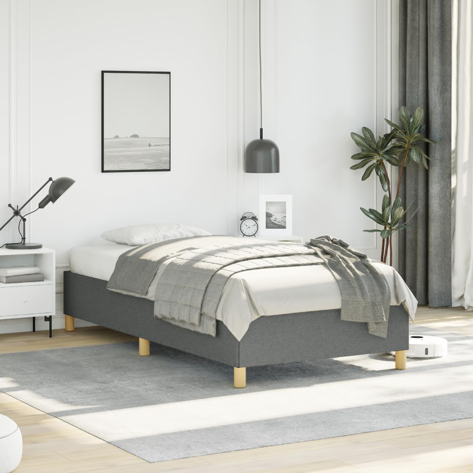 vidaXL Twin XL Size Bed Frame with Plywood Slats, Platform Bed Frame, Fabric Upholstered Mattress Foundation, No Box Spring Needed & Easy Assembly, Dark Gray, Without Mattress