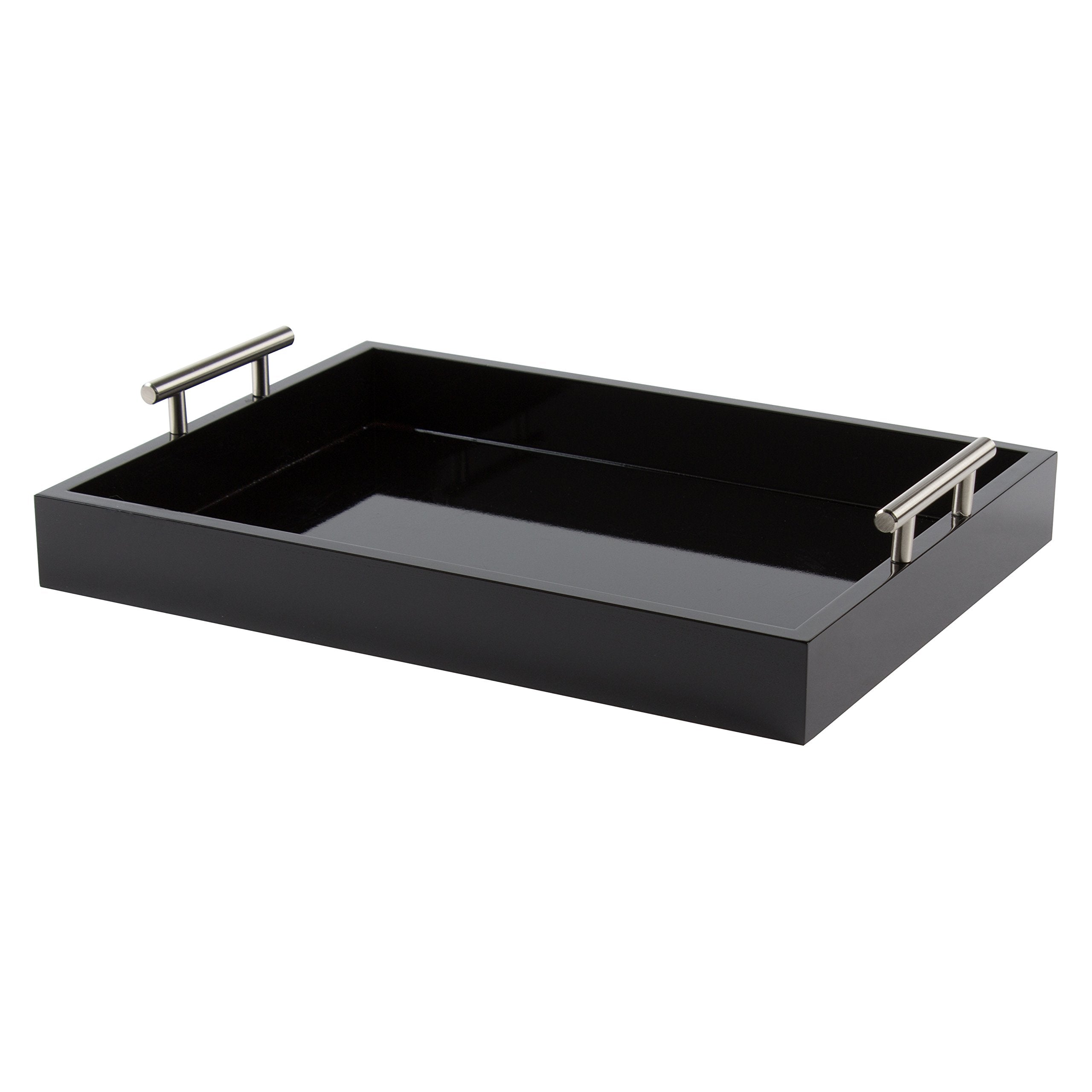 Kate and Laurel Lipton Decorative Tray with Polished Metal Handles, Black and Silver