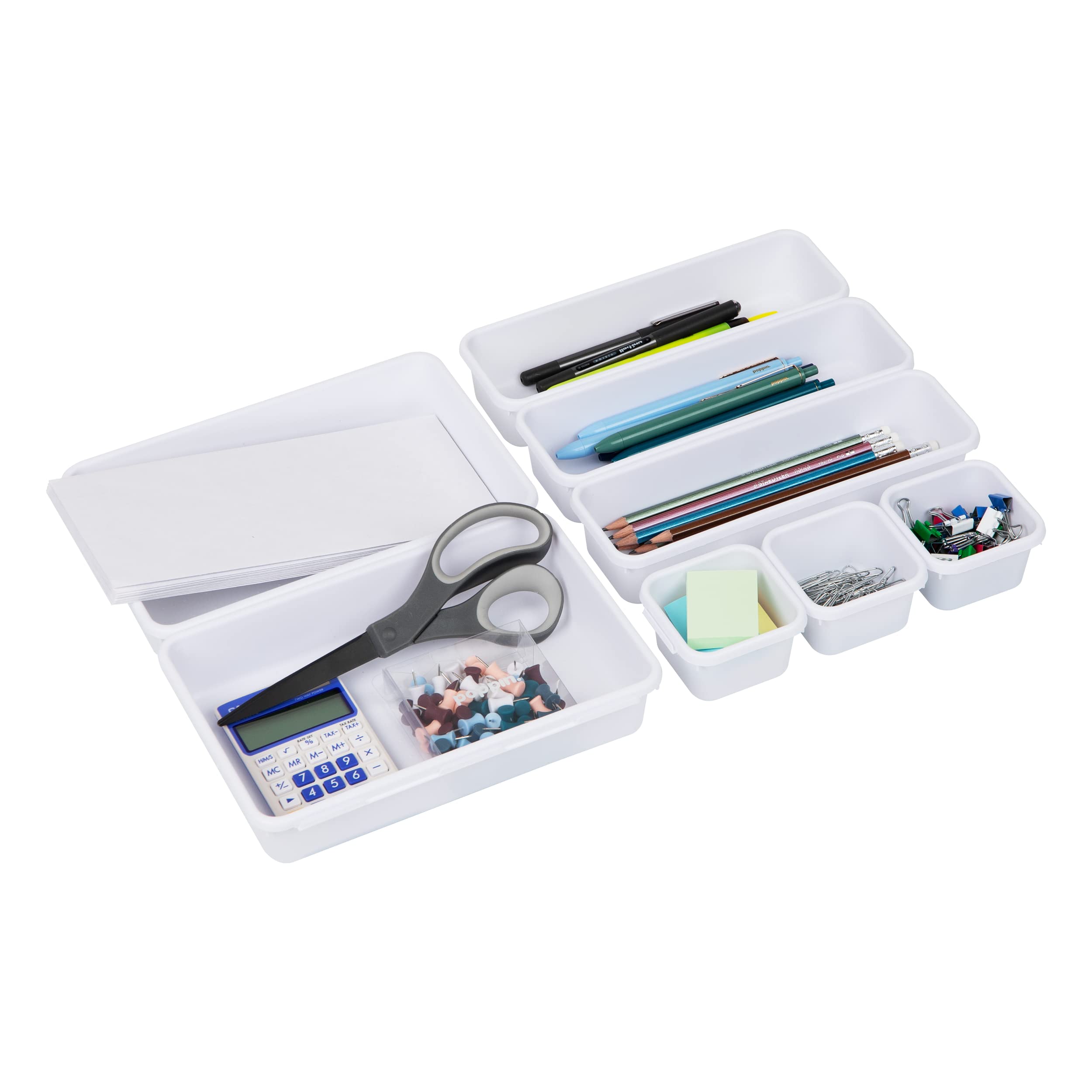 Mind Reader 8-Pc Drawer Organizer Interlocking, Storage, Kitchen, Office, 9.25' L x 6.5' W x 3.74' H, White