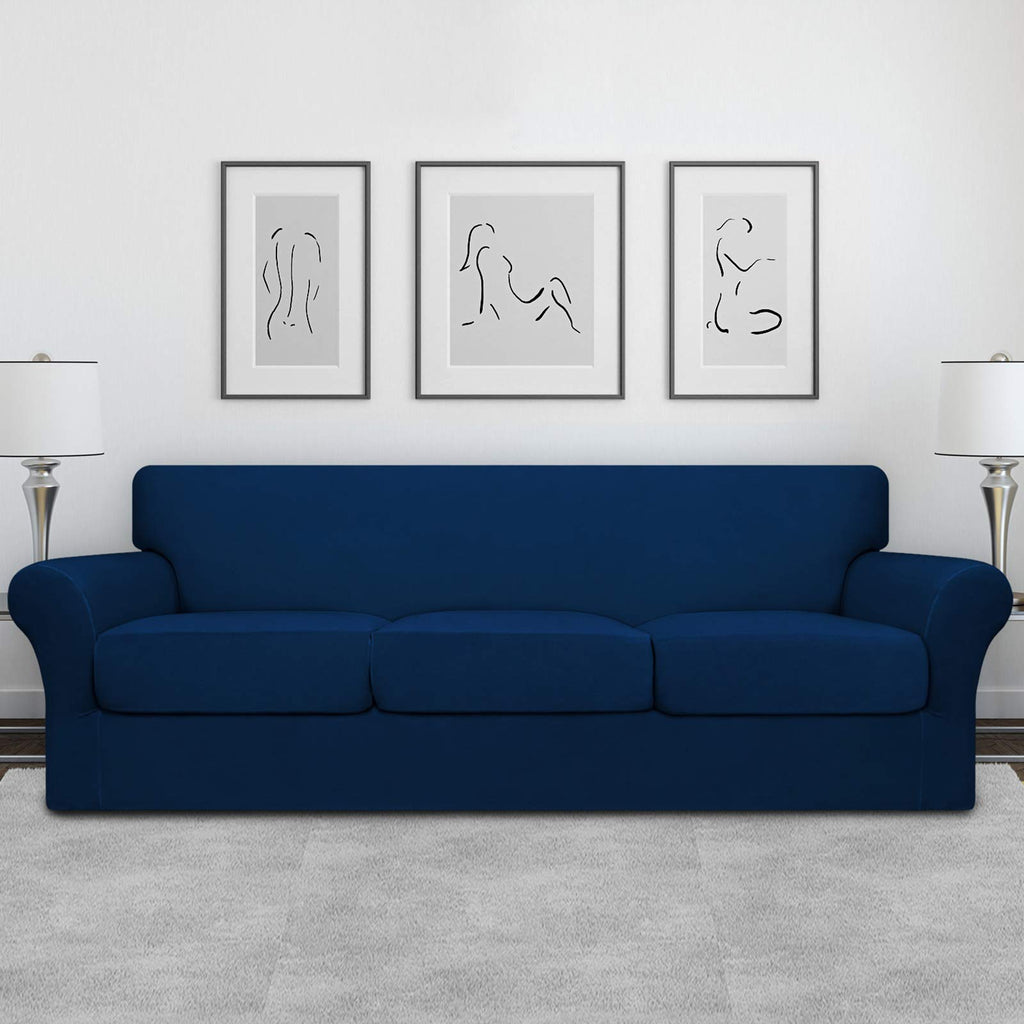 Easy-Going 4 Pieces Oversized Stretch Soft Couch Cover For Dogs - Washable Sofa Slipcover For 3 Separate Cushion Couch - Elastic Furniture Protector For Pets, Kids Navy