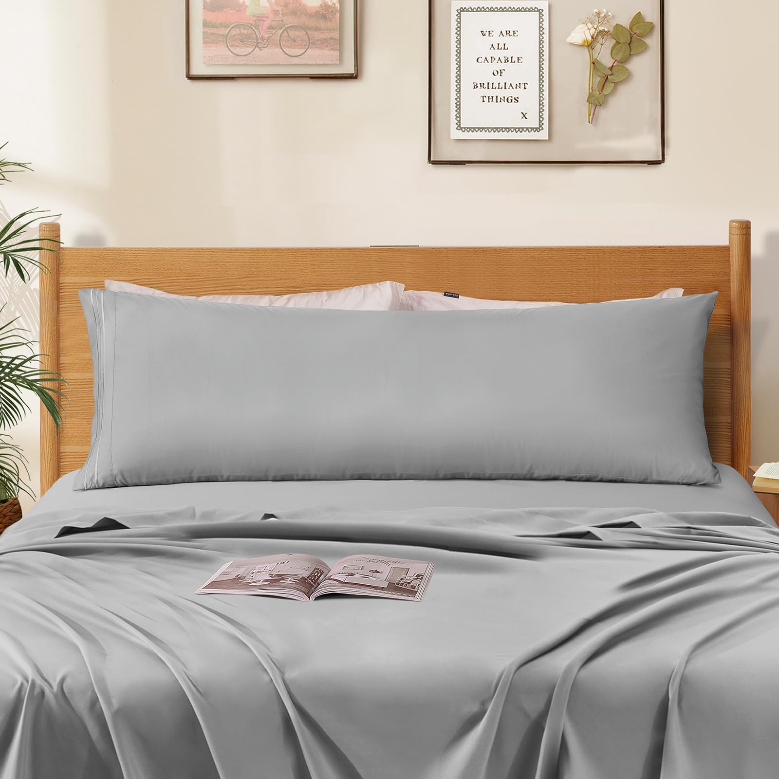 Horbaunal 2 Pack Microfiber Body Pillow Covers Light Grey Body Pillow Cases With Envelope Closure, 1800 Thread Count Soft & Shri