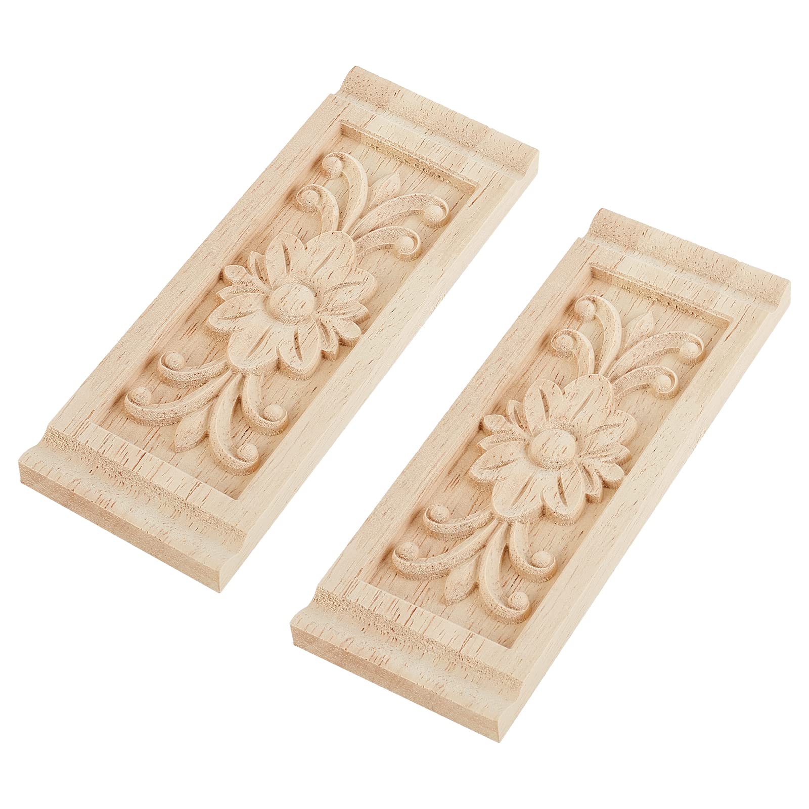 SUPERFINDINGS 2PCS Rectangle with Flower Wood Carving Decal 6.3x2.4inch Unpainted Home Furniture Applique Decor Natural Solid Wo