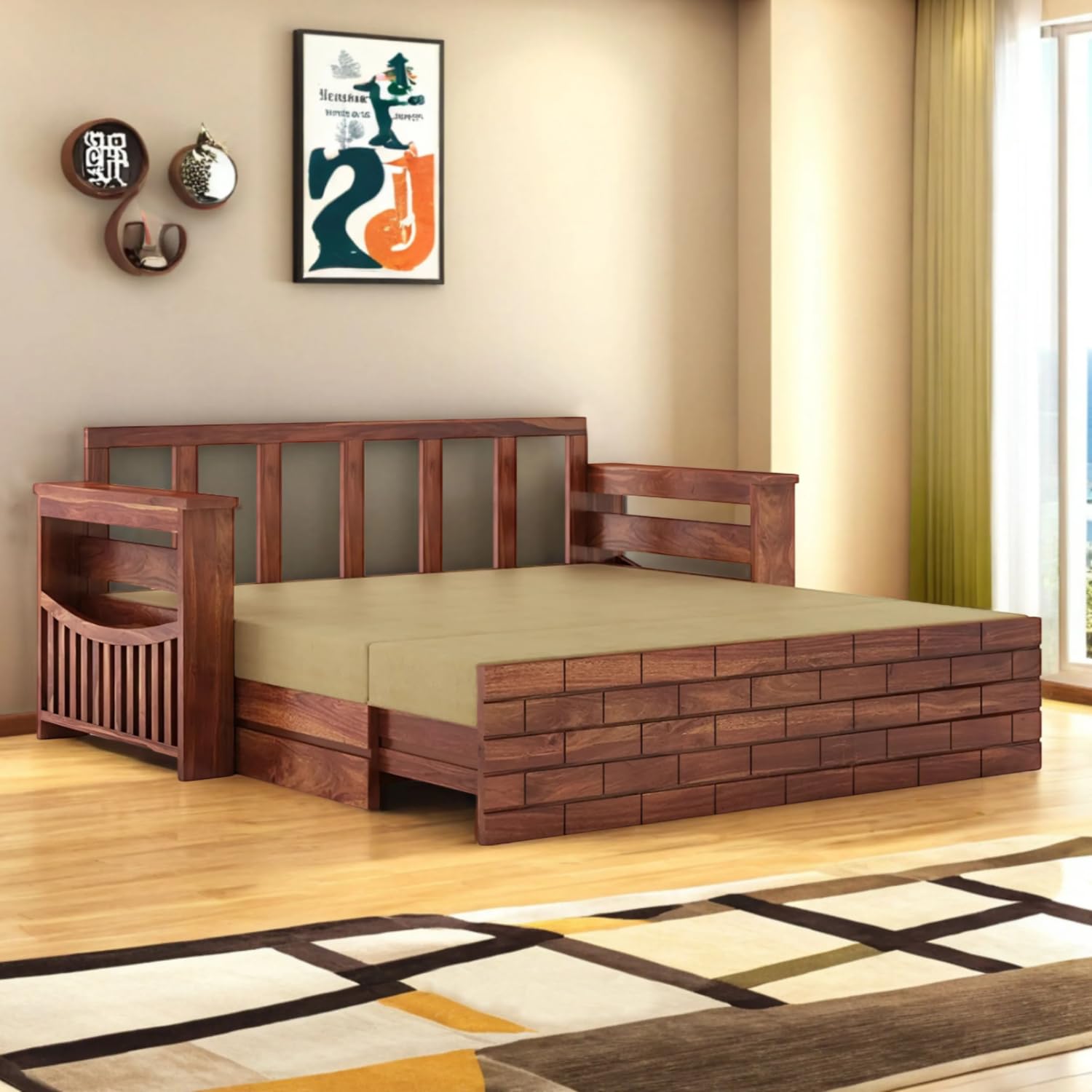 Mamta Decoration Solid Sheesham Wood 3 Seater Sofa Cum Bed With Drawer And Side Pocket Storage | Wooden Italian Bed With Headboa