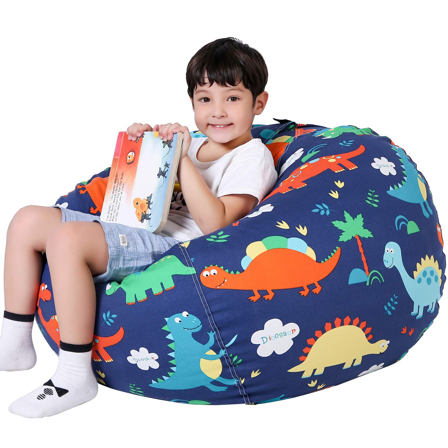 Lukeight Stuffed Animal Storage Bean Bag Chair Cover For Kids, Dinosaur Zipper Beanbag Chair Cover For Organizing Toddler And Kids' Rooms Plush Toys (Dinosaur, X-Large)