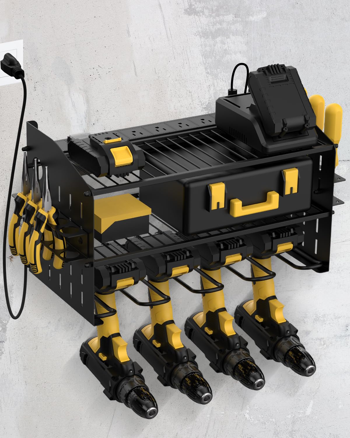 Wellmall Power Tool Charging Station - 3 Layer Wall Mount Power Tool Organizer With Charging Station For Power Drill, 6Ac Outlet