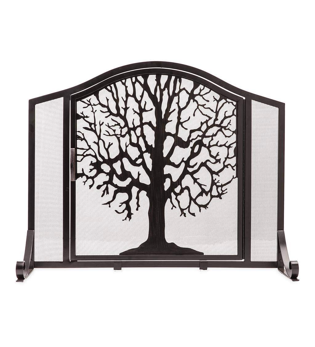 Plow & Hearth Metal Fireplace Screen Tree of Life Black | 38 W x 31 H | Flatguard | Spark Guard Grate | Iron Fire Place Cover | 