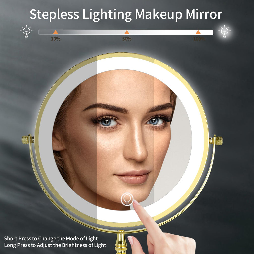 Dowry Rechargeable Lighted Makeup Mirror 10X Magnification Vanity Mirror Tabletop Two-Sided Swivel Gold Finish
