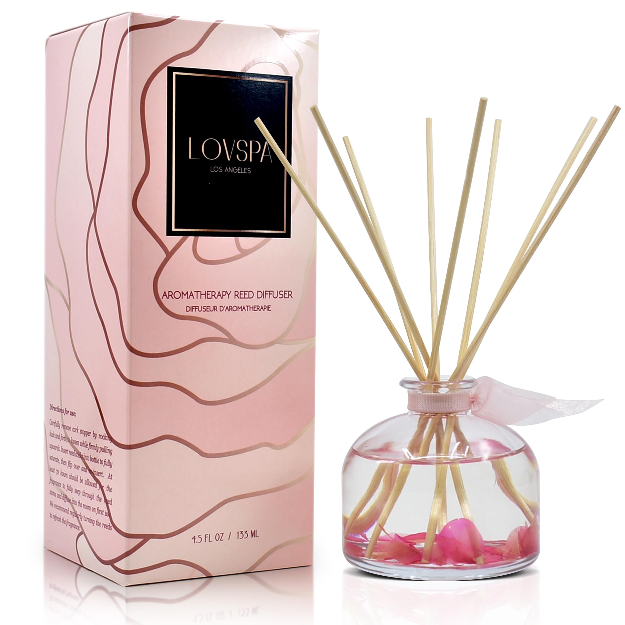 LOVSPA Moroccan Rose Scented Sticks Reed Diffuser Set - Soothing Floral Blend of Rose Essential Oils, 4.5 Ounces, Made in The US