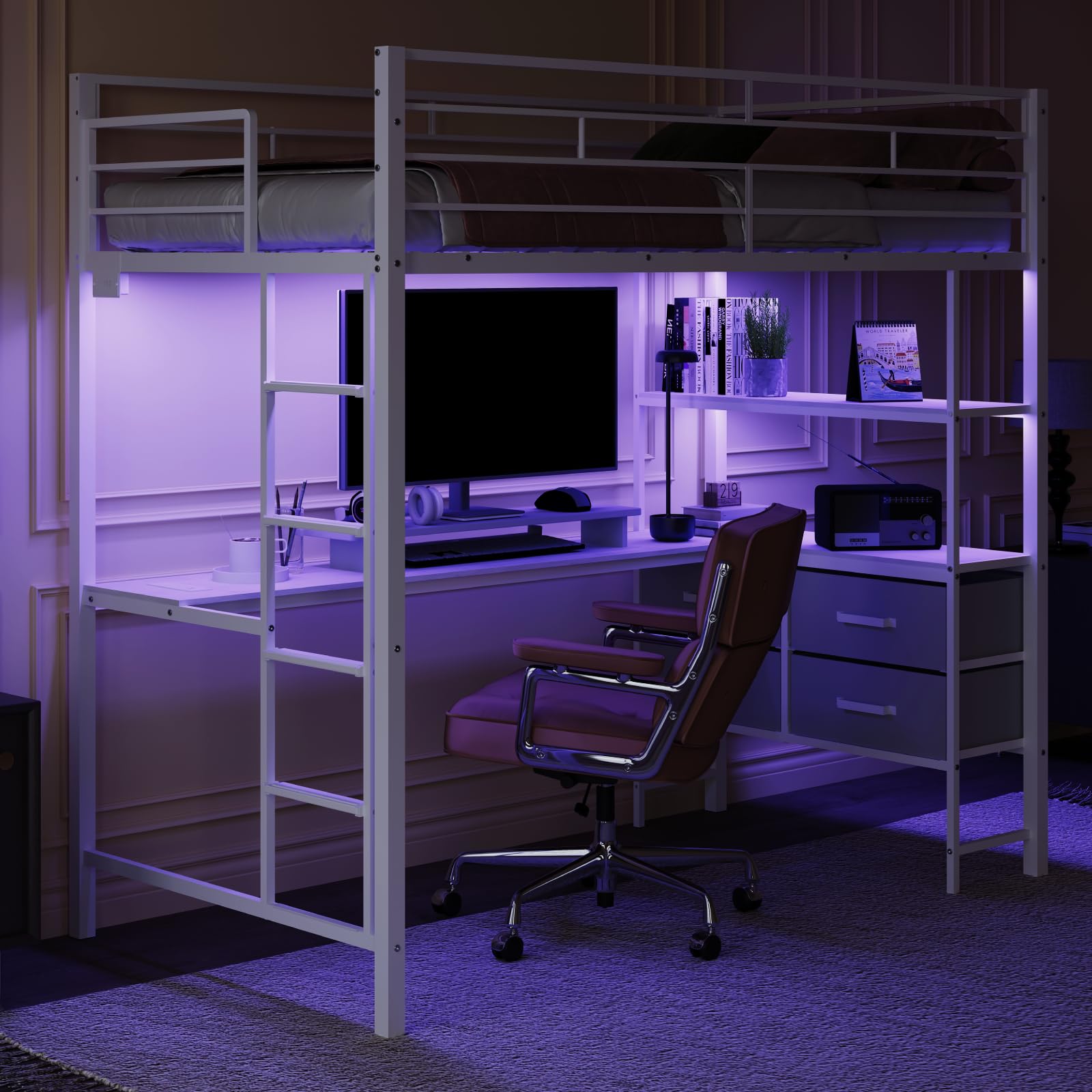 VINGLI Twin Loft Bed with 15 Inches Safety Guardrail/L-Shaped Desk/Flat Rungs, LED Single High Sleeper with 2 Charging Stations/