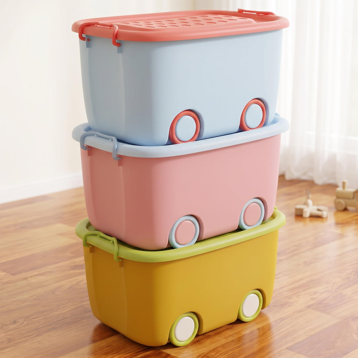 TEXRO Toy Storage Box with Lid and Wheels for Kids | Large Stackable Plastic Storage Box & Organiser | Big Toy Organizer for Ki