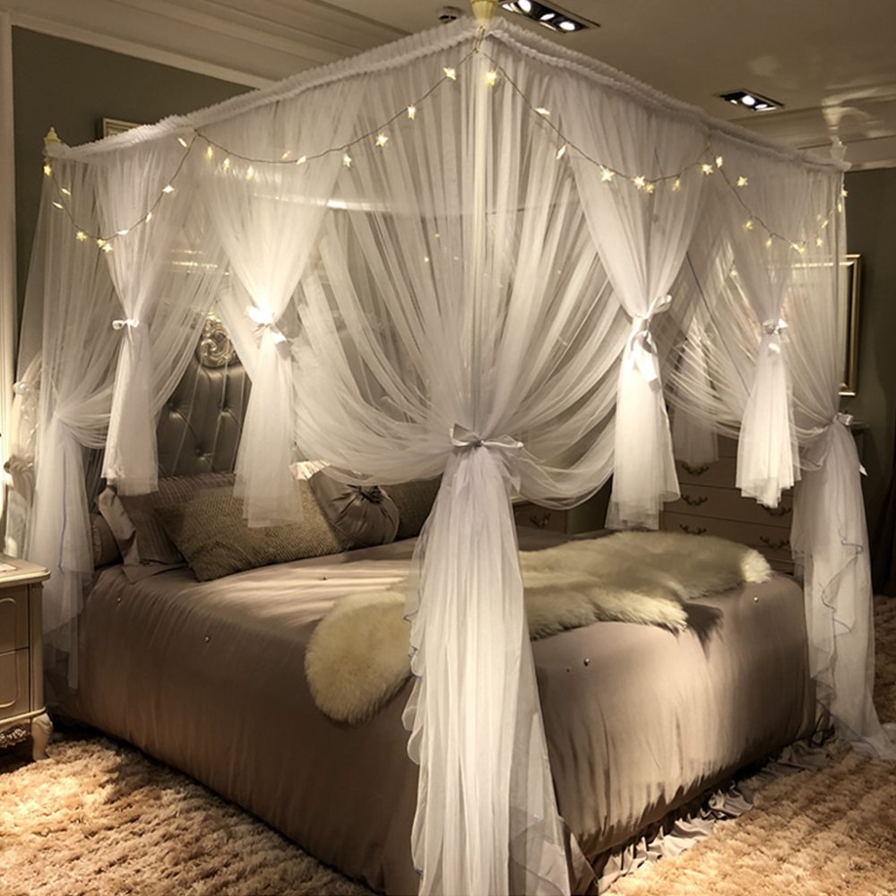 Joyreap 4 Corners Post Canopy Bed Curtain For Girls & Adults - Royal Luxurious Cozy Drape Netting - Cute Princess Bedroom Decora