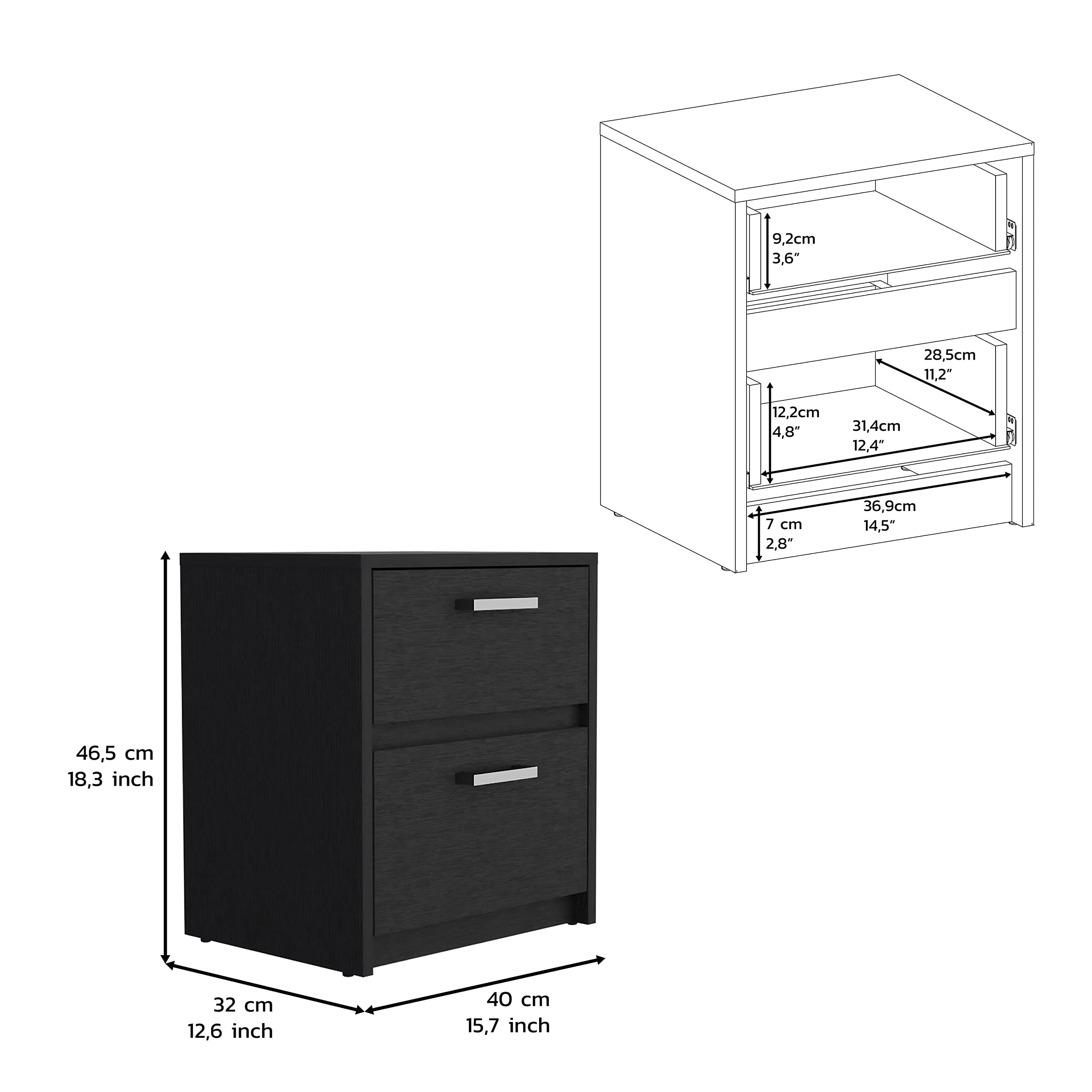 Nightstand 18&Quot; H, 2 Drawers With Metal Handles, Black