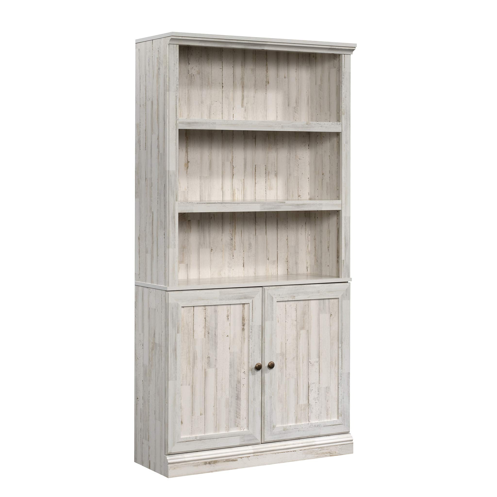 Sauder Select Book Shelf, Bookshelf with Storage, Library Bookcase with Doors and Adjustable Shelves, in White Plank