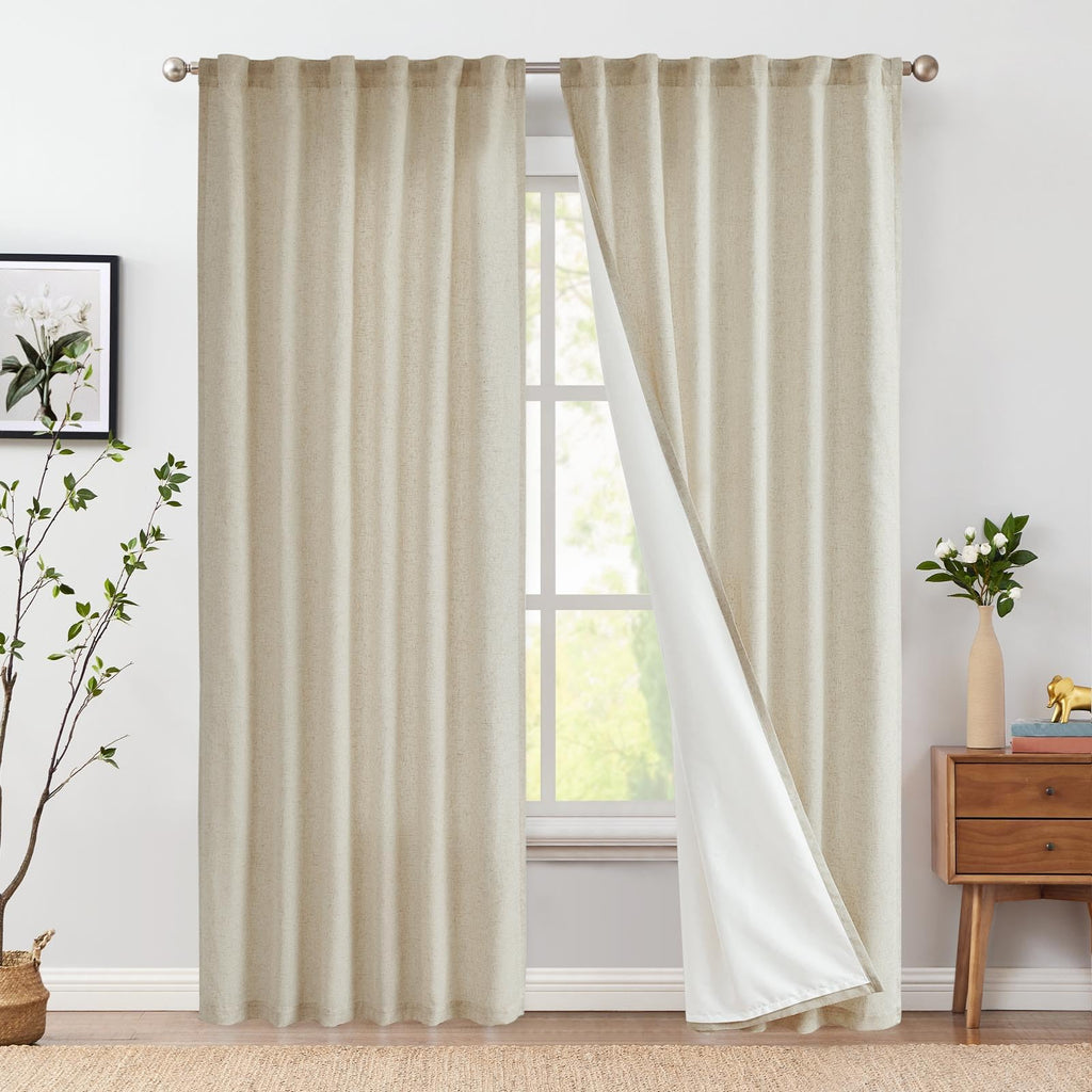 Jinchan Oat Linen Blend Curtains 108 Inches Long For Living Room Extra Long Farmhouse Curtains With Lined Rod Pocket Back Tab Light Filtering Window Drapes With Lined For Bedroom Curtains 2 Panels Oat