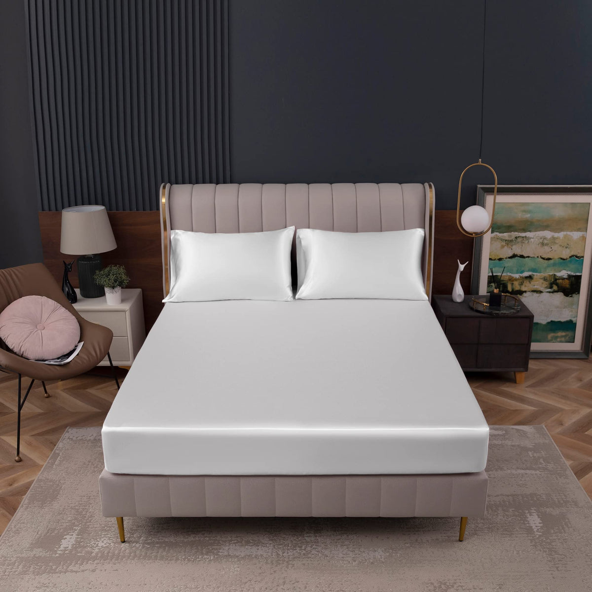 Homiest White Satin Fitted Sheet King Size Fitted Bed Sheet, Deep Pocket Fitted Sheet Only, Luxury & Ultra Soft Bedding Fitted Sheet Single Bottom Bed Sheets Sold Separately