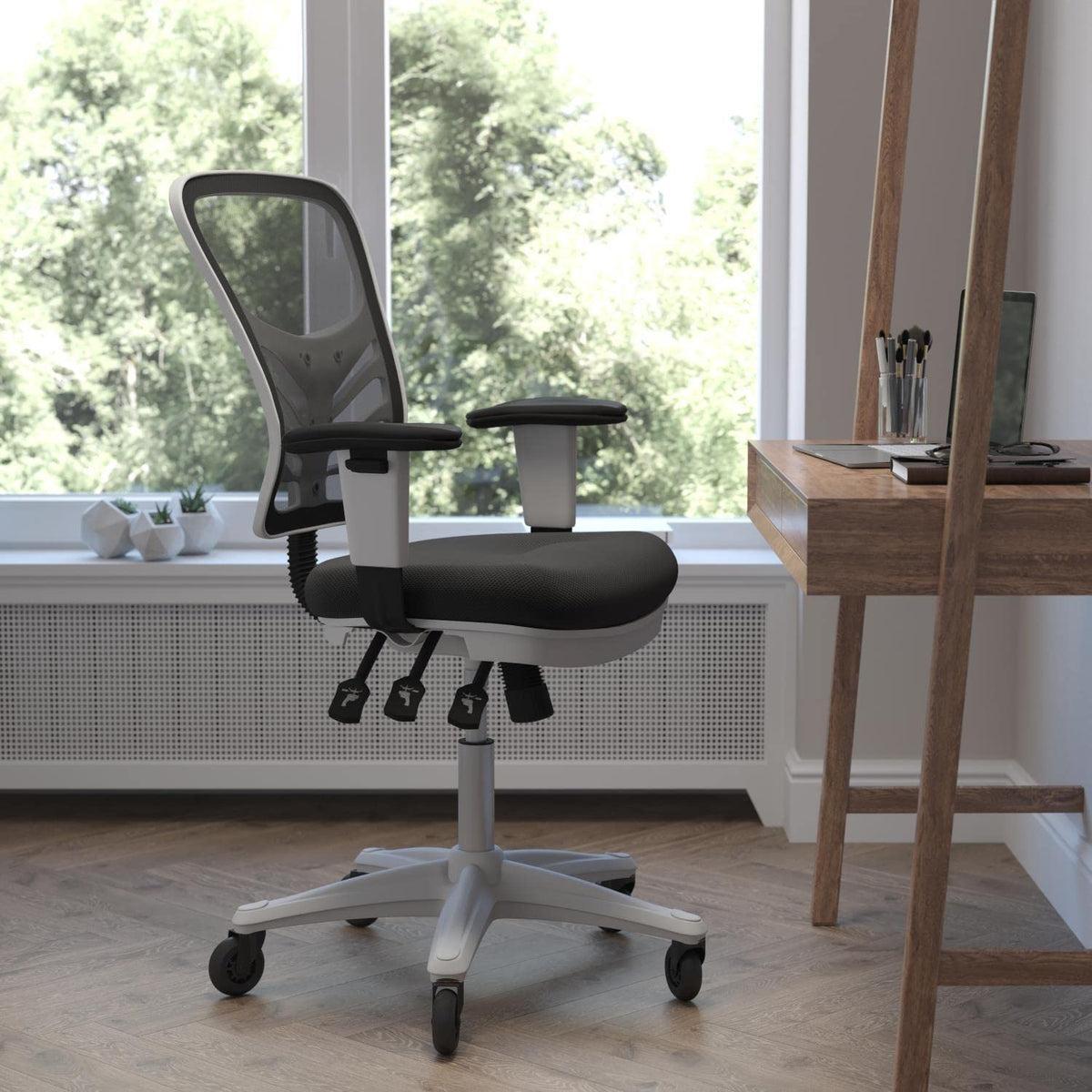 Flash Furniture Nicholas Mid-Back Multifunction Executive Swivel Ergonomic Office Chair With Adjustable Arms, Transparent Roller Wheels, And White Frame, 27&Quot;, Black Mesh