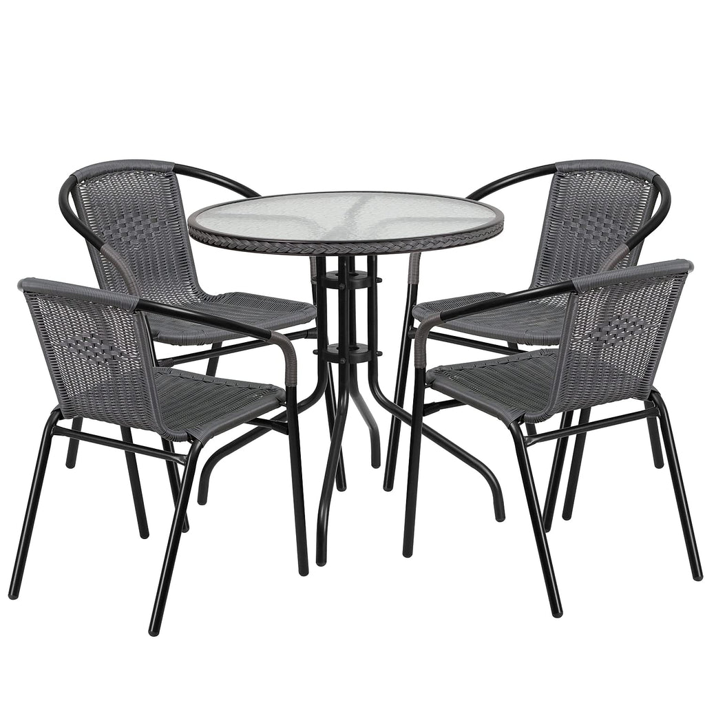 Flash Furniture Lila 28'' Round Glass Metal Table with Gray Rattan Edging and 4 Gray Rattan Stack Chairs
