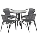 Flash Furniture Lila 28'' Round Glass Metal Table with Gray Rattan Edging and 4 Gray Rattan Stack Chairs