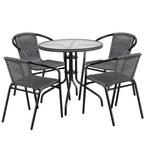 Flash Furniture Lila 28'' Round Glass Metal Table with Gray Rattan Edging and 4 Gray Rattan Stack Chairs