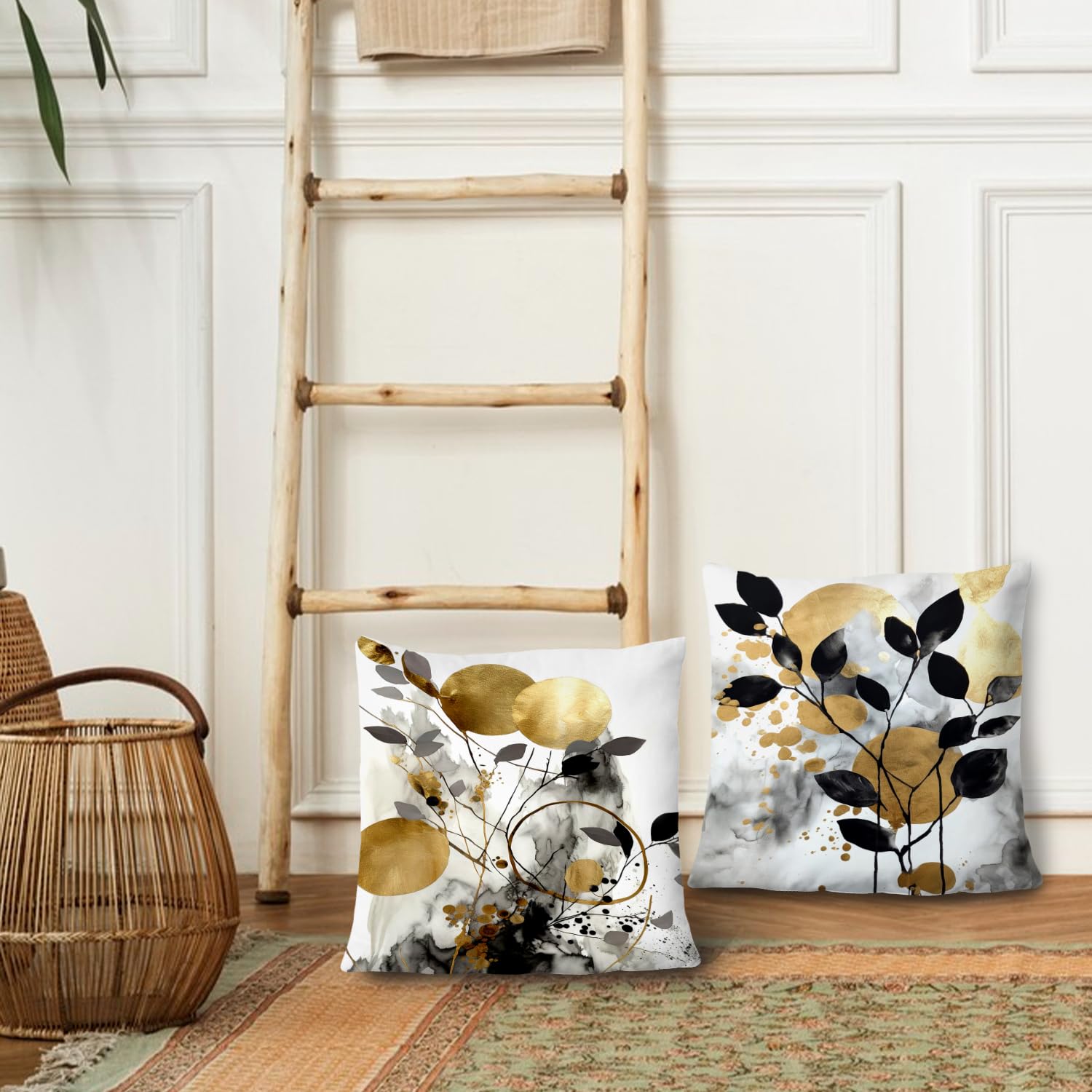 Supwhd Black And Gold Botanical Pillow Covers 22X22 Set Of 2, Abstract Modern Decorative Throw Pillow Covers For Living Room Bed