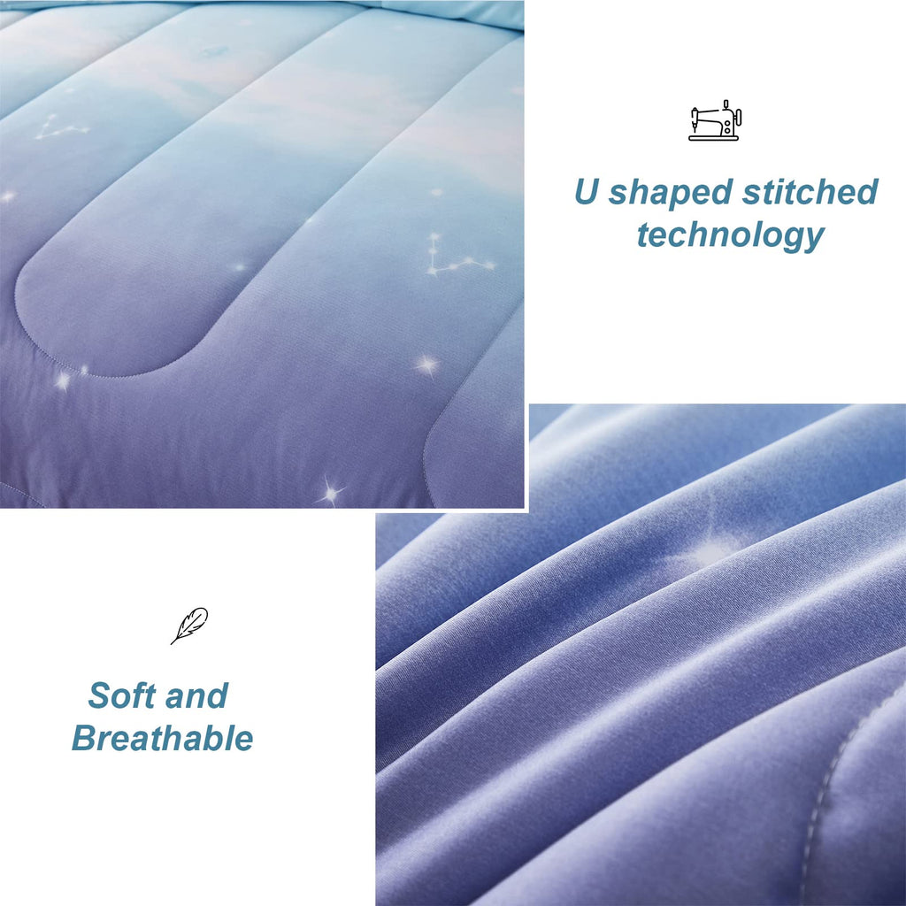 Dinjoy Girls Women Comforter Set King Size Ombre Blue Purple Rainbow Bedding Set 7 Pieces Bed In A Bag For Teen Adult (1 Comfort