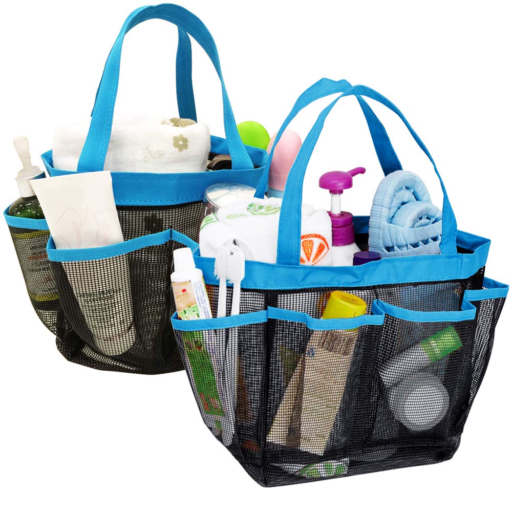 YuCool 2 Pack Portable Mesh Shower Caddy with 8 Storage Pockets, Hanging Tote Toiletry Bath Organizer Bag with 2 Type Hooks for