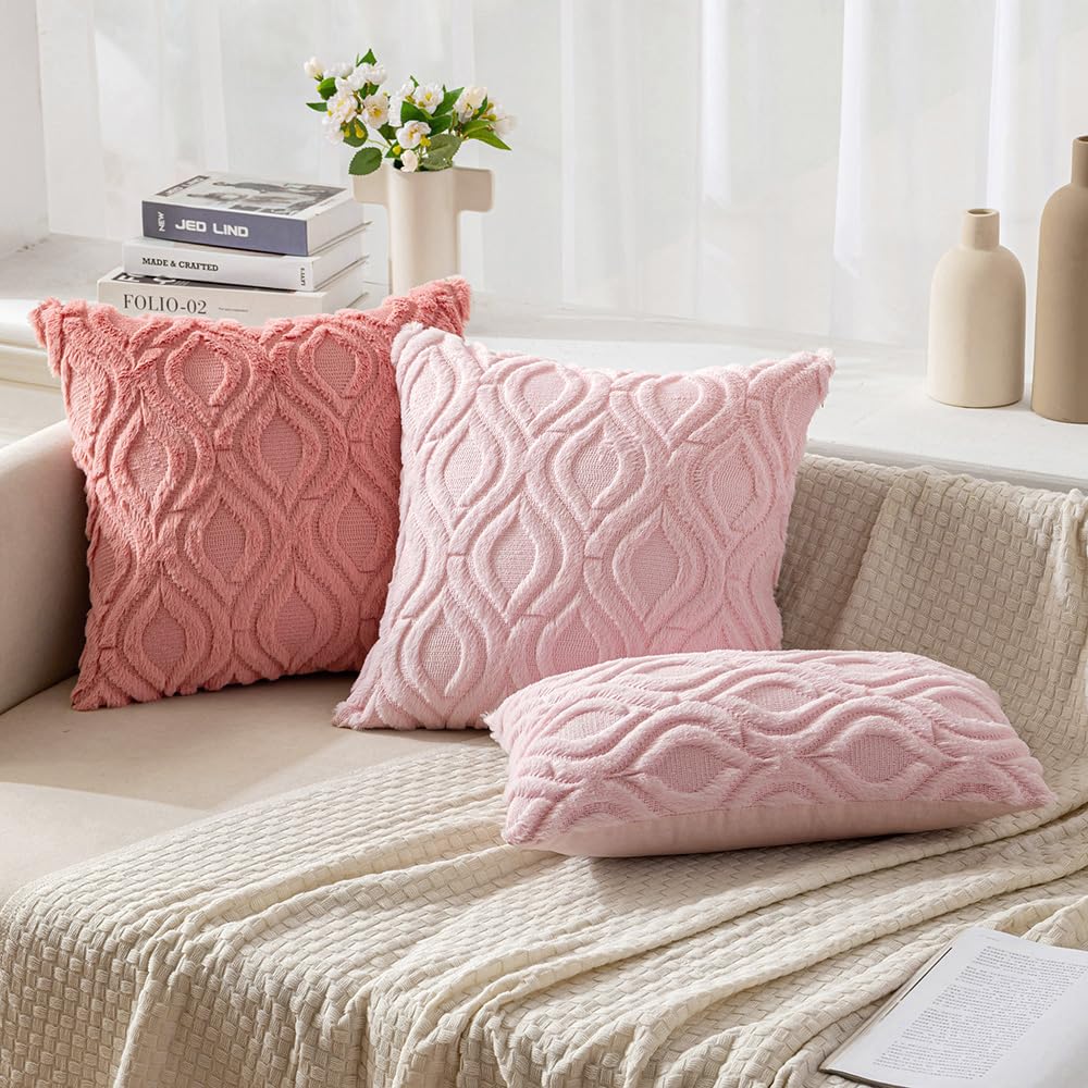 Miulee Coral Red Throw Pillow Covers 18X18 Inch, Soft Winter Plush Faux Wool Couch Pillow Covers Set Of 2 Decorative Farmhouse Boho Throw Pillows For Sofa Living Room Bed