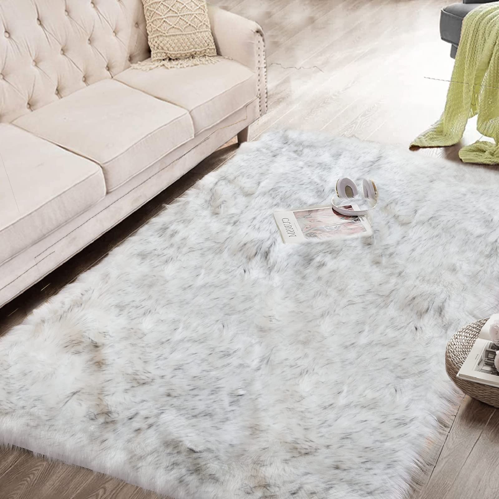 ORINOVA White and Grey Faux Shaggy Fur Rug for Living Room Plush Washable Sheepskin Fur Area Rugs 3x5 Nursery Rug