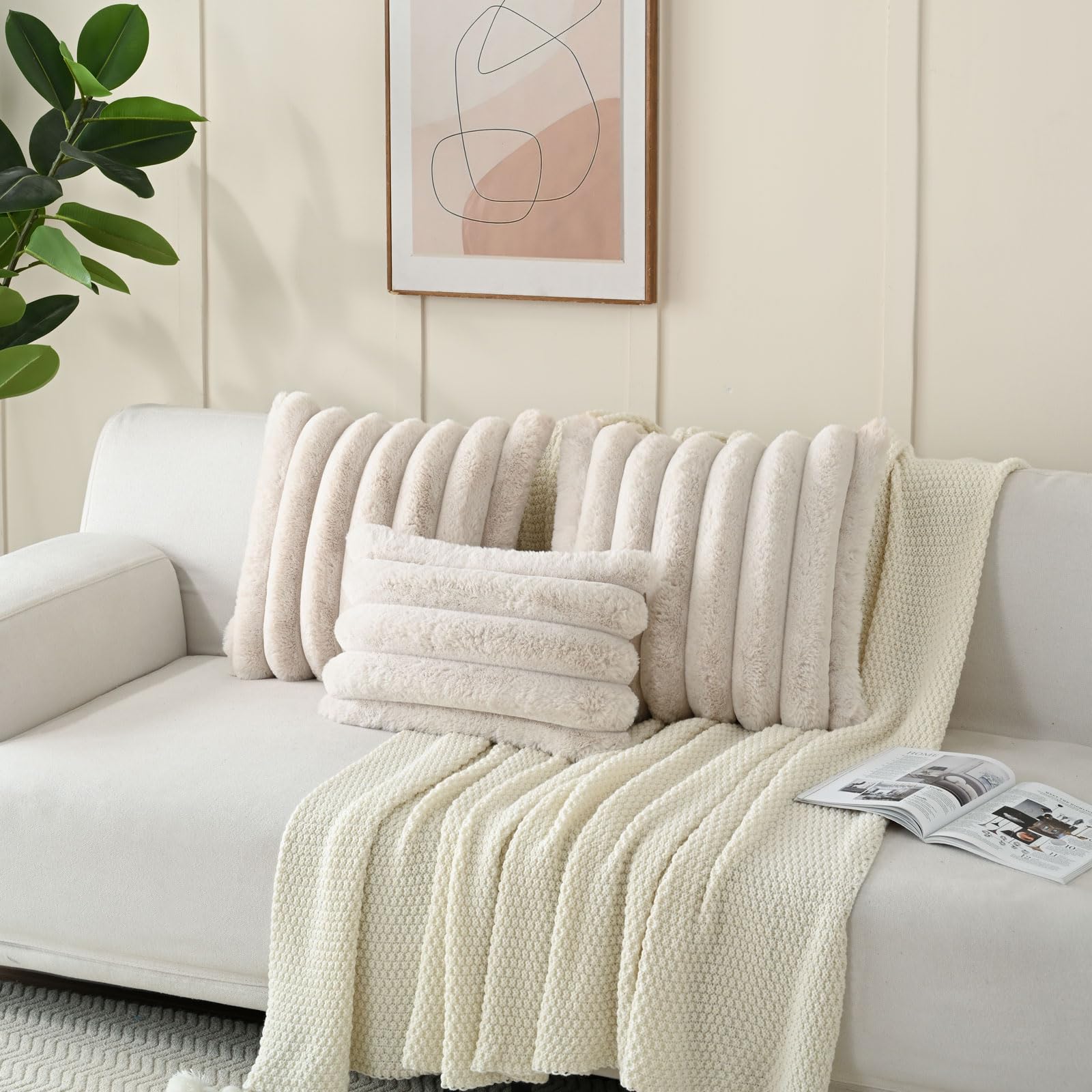 Futei Beige Decorative Throw Pillow Covers 16X16 Inch Set Of 2, Square Soft Faux Rabbit Fur Big Striped Cushion Cover,Home Decor
