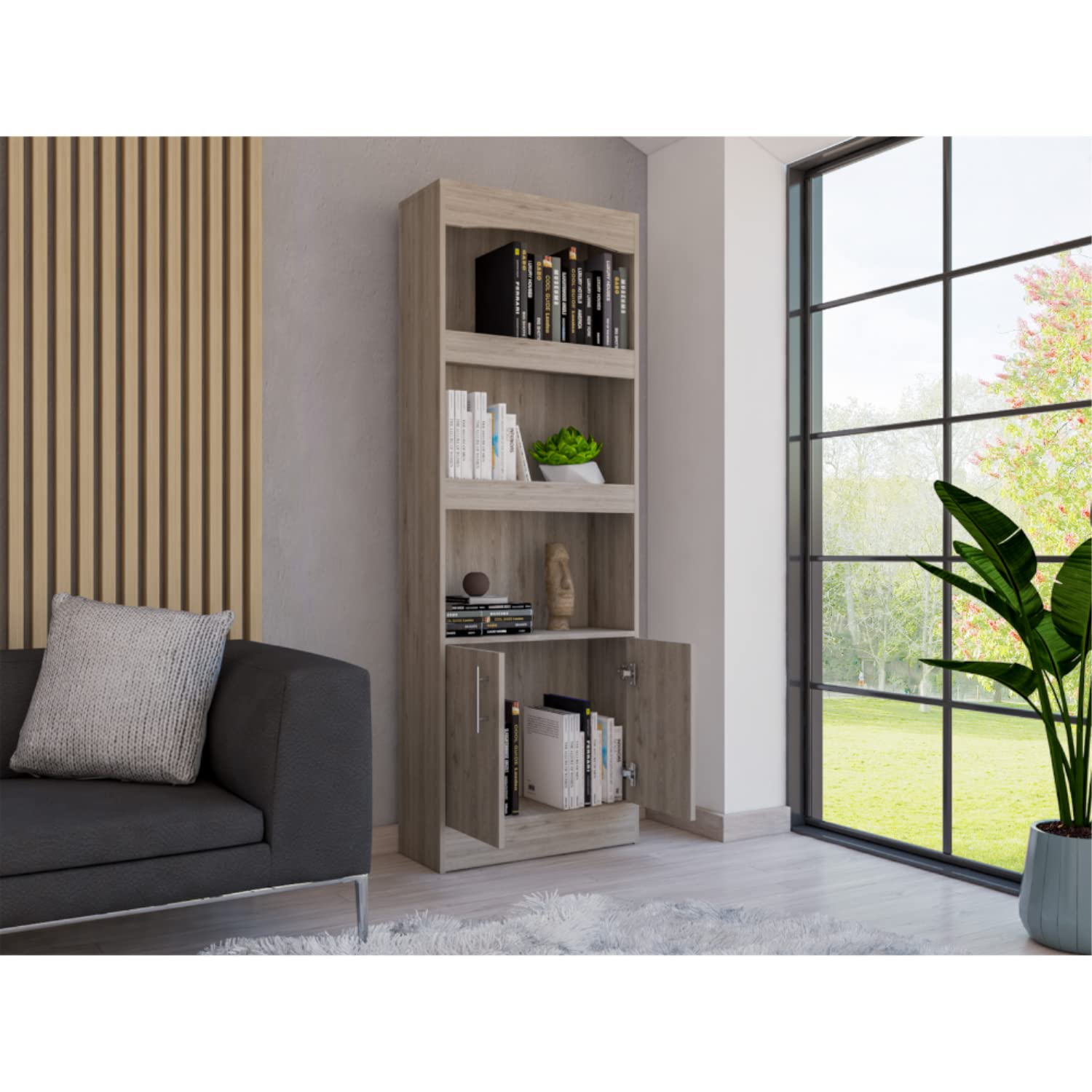 Dozza Bookcase with 3 Shelves, Double Door Cabinet, and Metal Handles, Light Gray