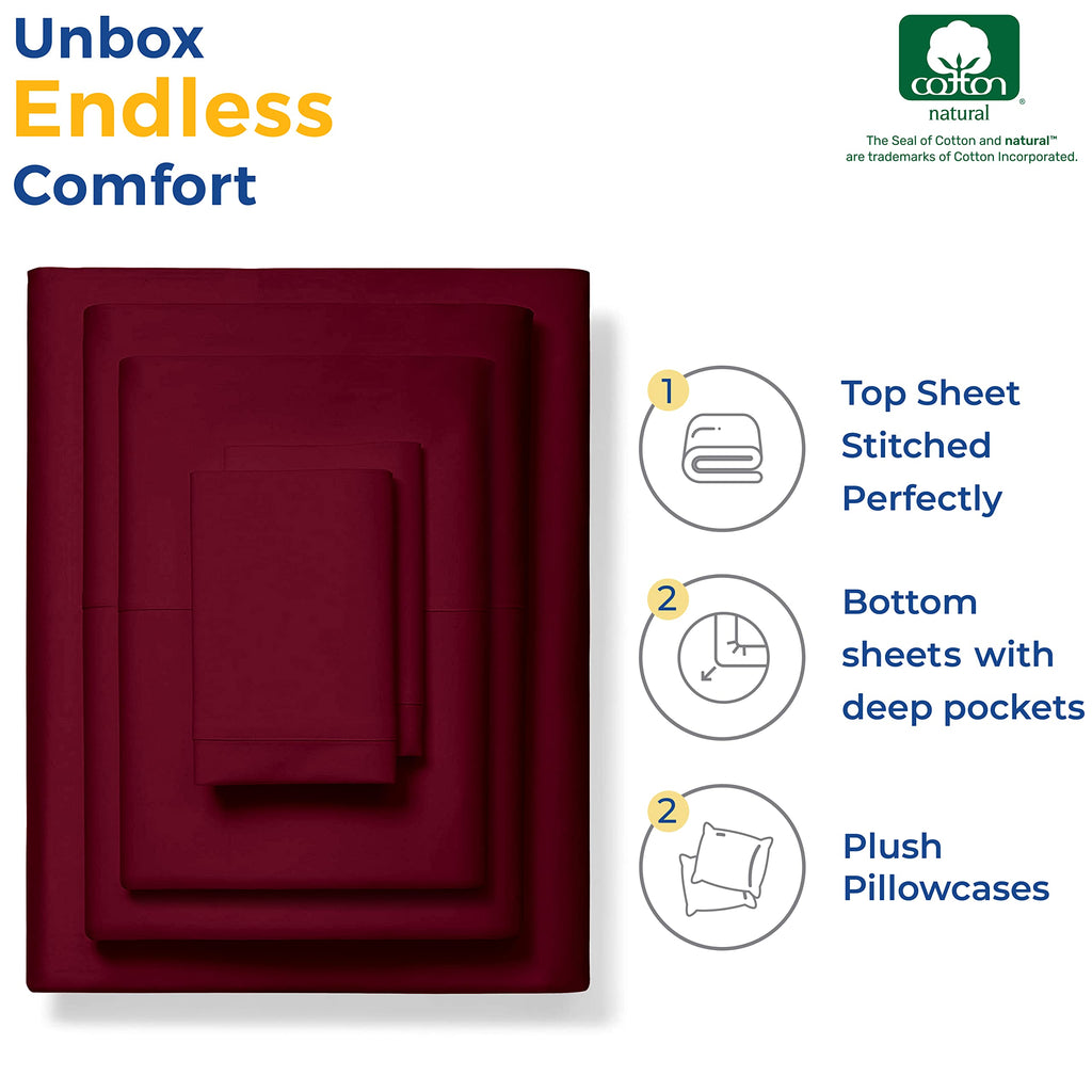 Pure Egyptian Split King Size Cotton Bed Sheets Set (King Split,600 Thread Count) Burgundy Bedding And Pillow Cases (5 Pc) - Egyptian Cotton Sheets Split King Size Bed-Sateen Sheets-16?Deep Pocket