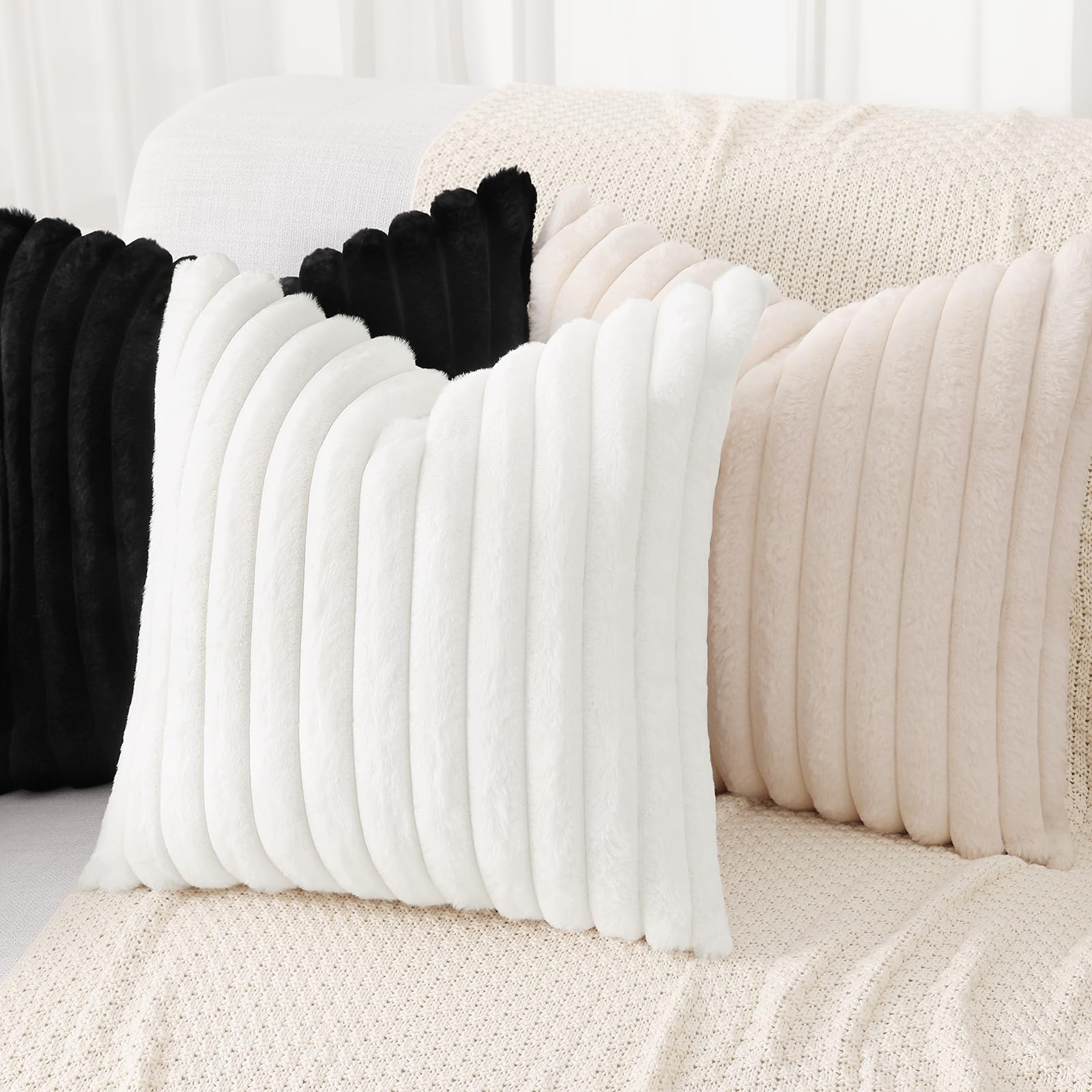 Decoruhome Faux Fur Throw Pillow Covers 20X20 Set Of 2, Decorative Soft Plush Striped Couch Pillow Covers With Velvet Back For Sofa, Bed, Living Room, Black