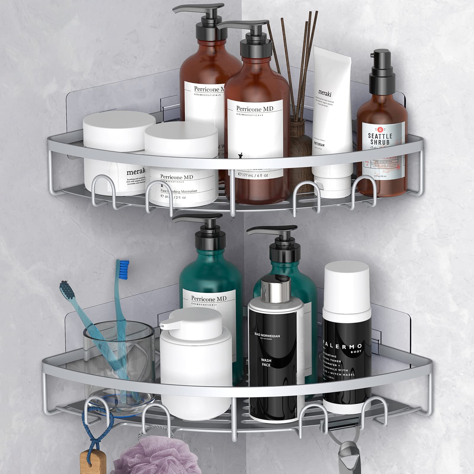 Kerisgo Corner Shower Caddy, 2 Pack Adhesive Bathroom Shower Corner Organizer Shelf, No Drilling Rustproof Wall Mounted Shower S