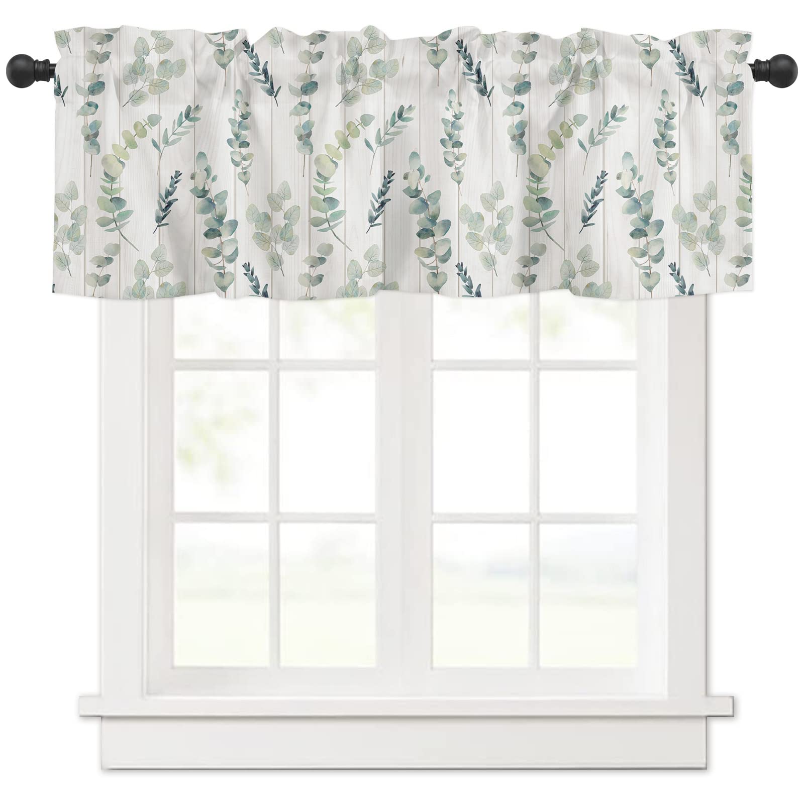 Farmhouse Eucalyptus Leaf Kitchen Curtains Valances for Windows Spring Summer Sage Green Leaves Rod Pocket Valance Window Treatm