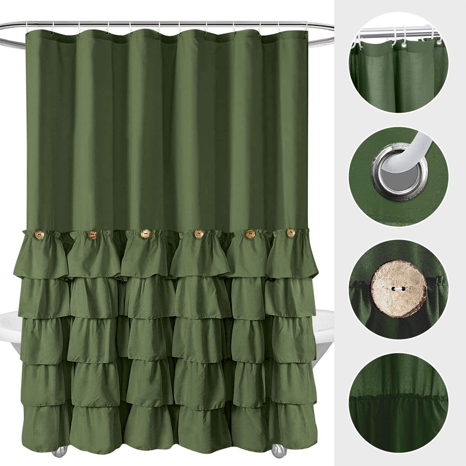 Seasonwood Sage Green Shower Curtain For Bathroom Cute Ruffle Shower Curtain 72 X 72 Inches Farmhouse Shower Curtains With Butto