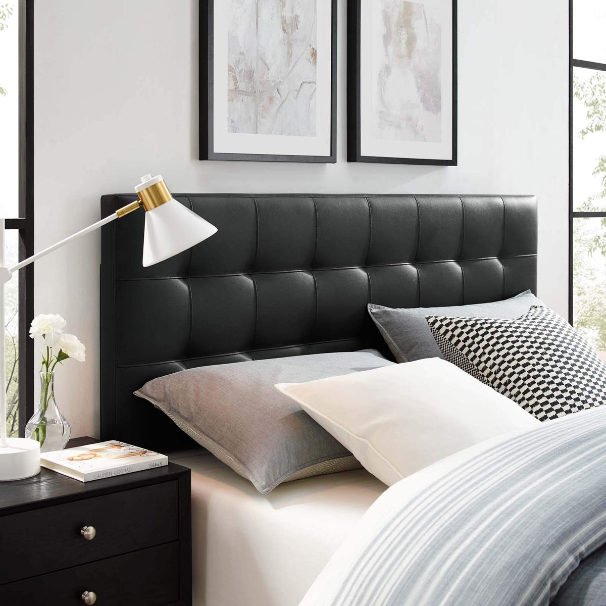 Modway Lily Tufted Faux Leather Upholstered Full Headboard in Black