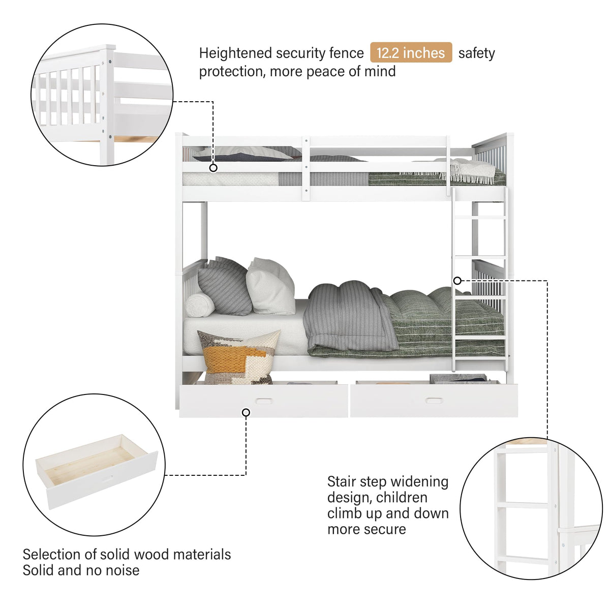 Merax Wood Bunk Bed With Drawers,Convertible Wood Bunk Bed With Ladders And Two Storage Drawers,Solid Wood Detachable Bunk Bed Frame With Ladders,Full Over Full,White